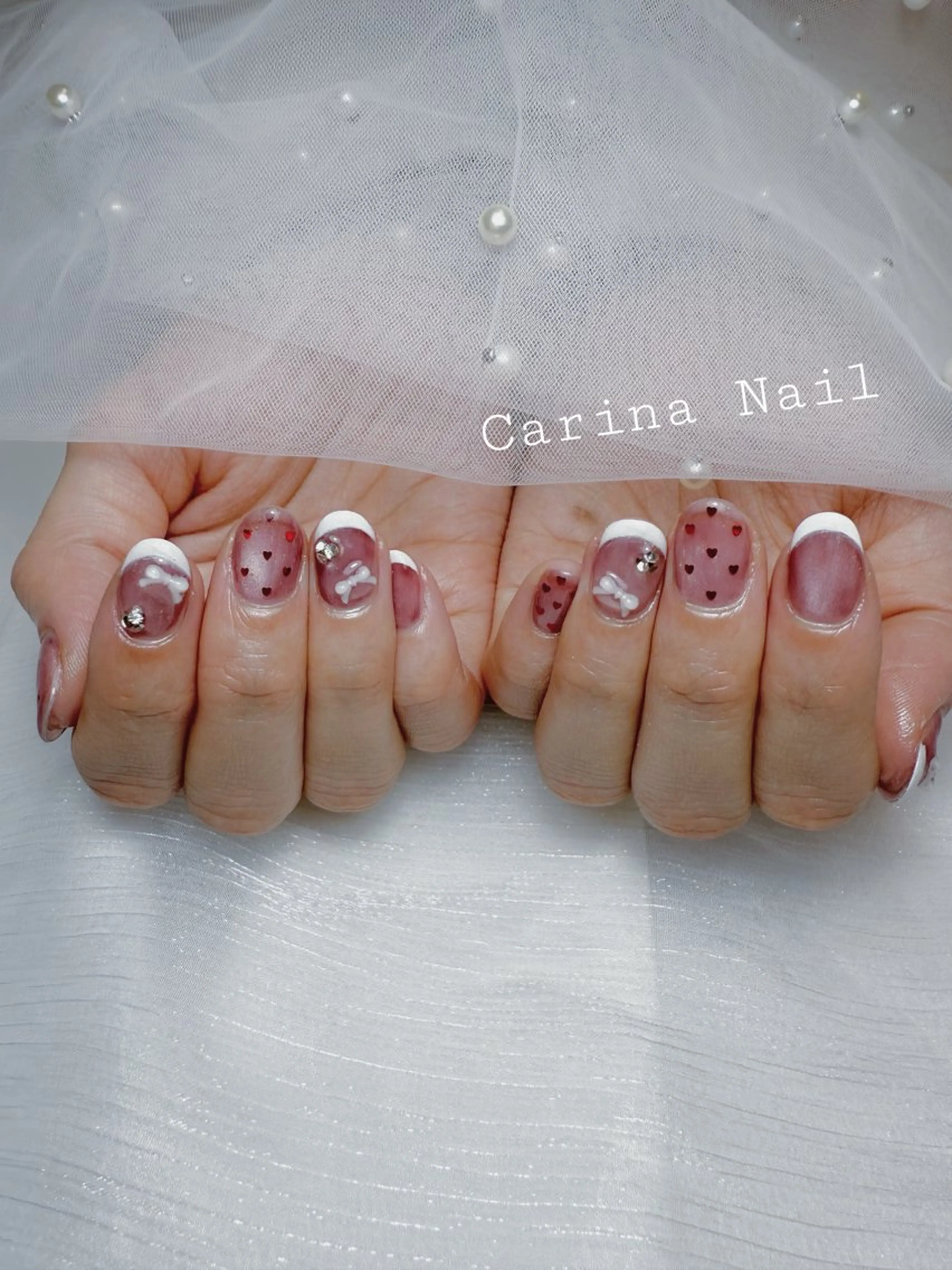 ネイル ボルドー フレンチネイル ガーリー ハート Carina Nailのネイルデザイン