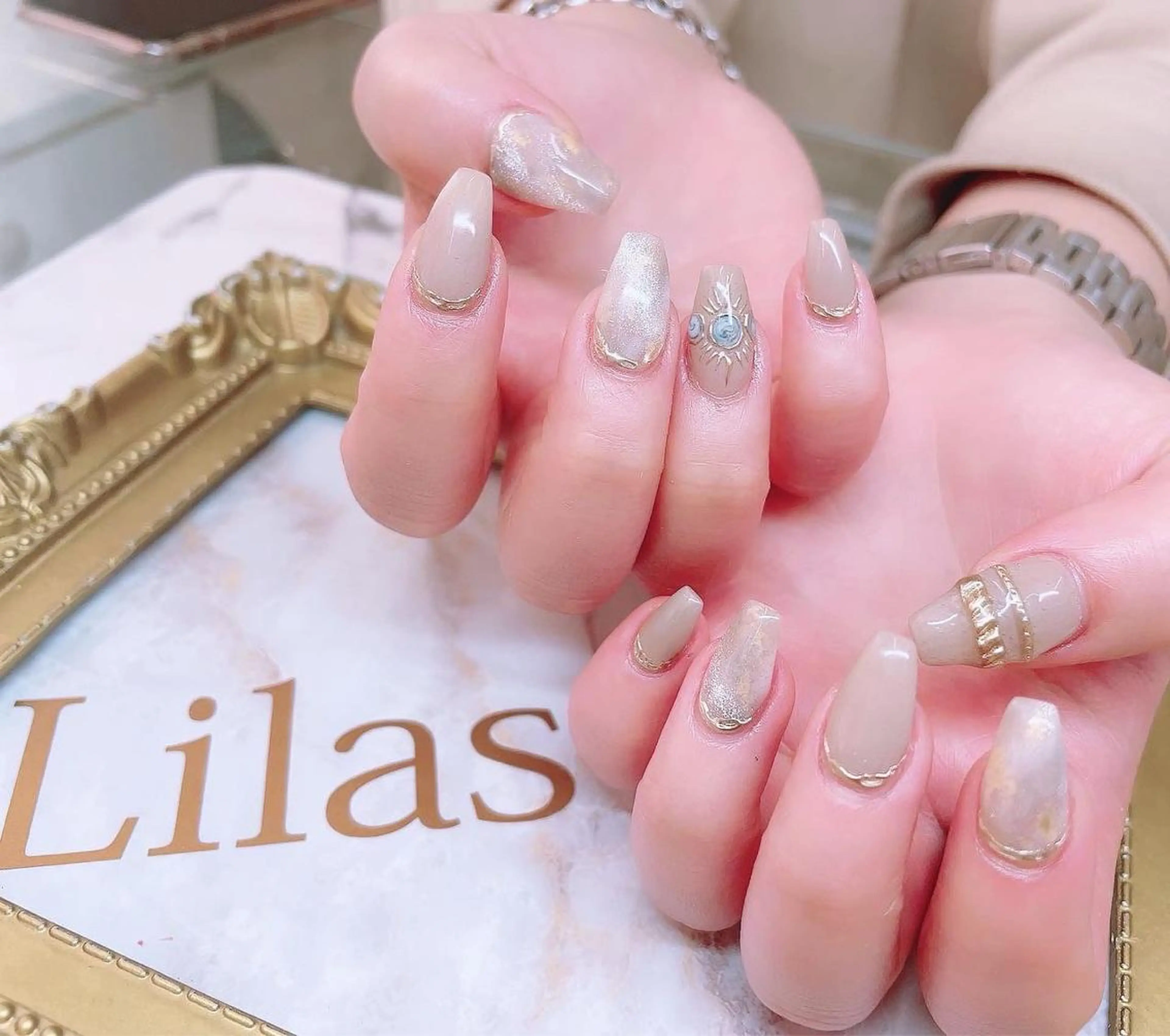 ネイル ジェルネイル ハードジェル ロングネイル 大理石ネイル(マーブル) ミラーネイル Lilas Nailのネイルデザイン