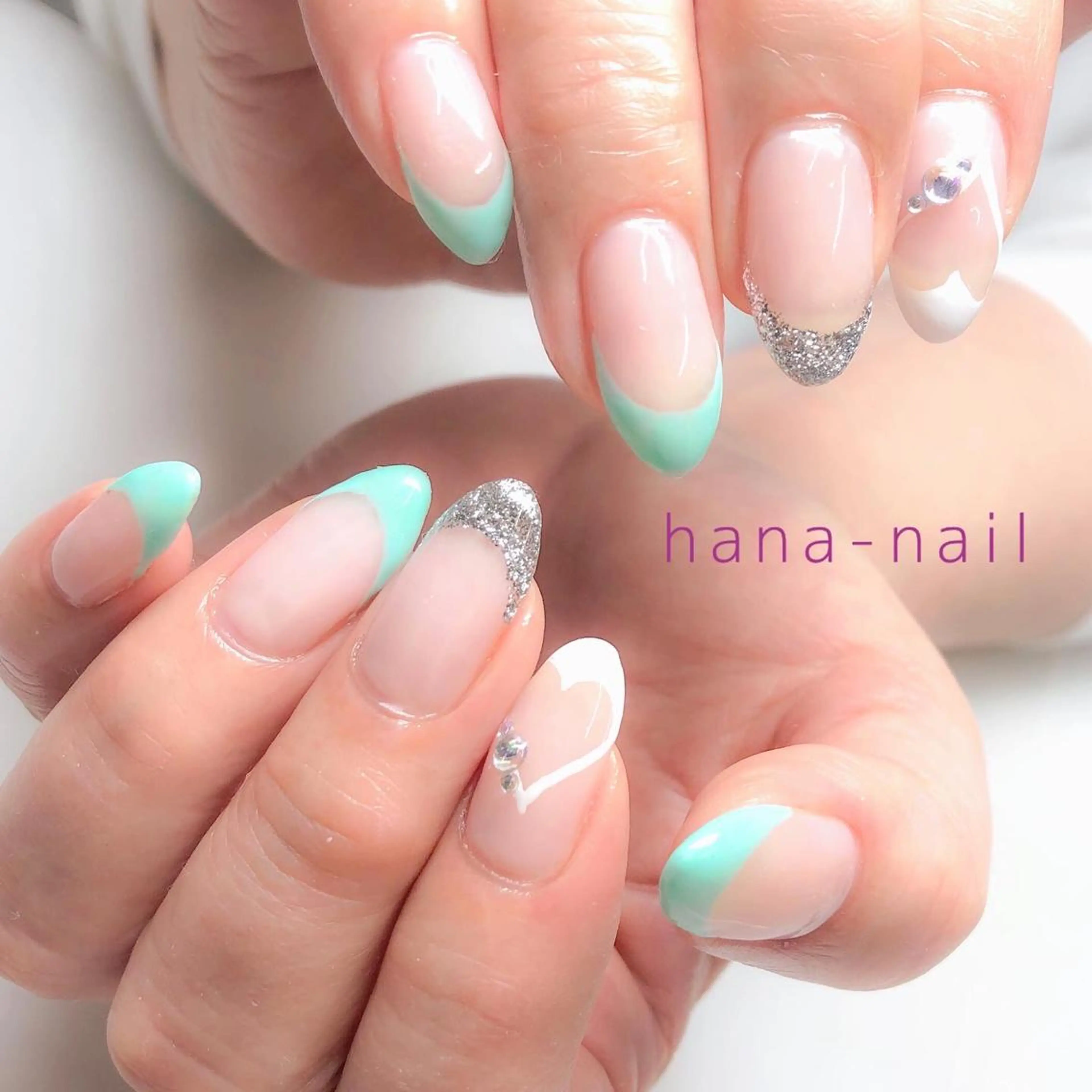 ネイル フレンチネイル ハート ラメ(グリッター) 春ネイル ストーンネイル Kao hana-nailのネイルデザイン