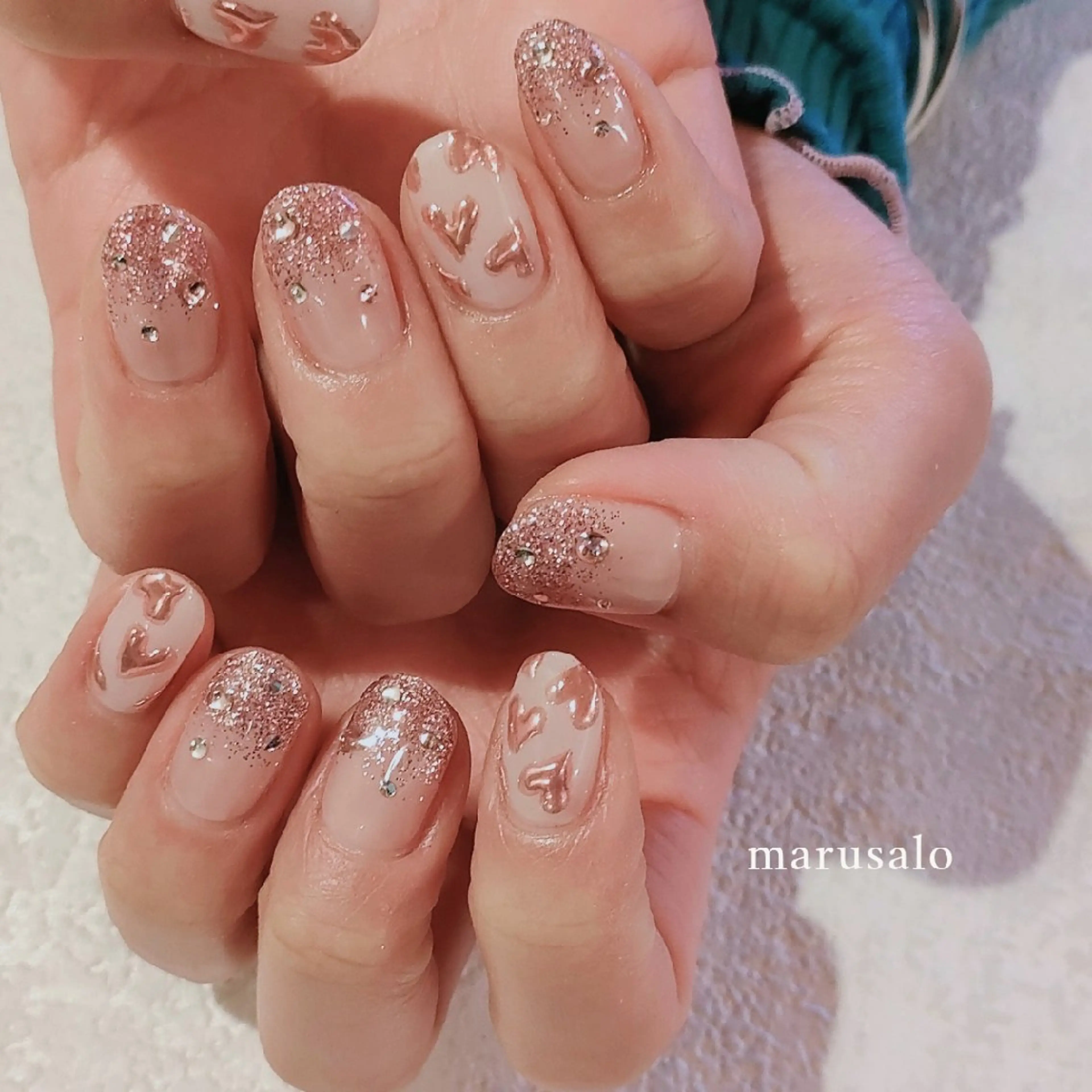 ネイル ハート キラキラネイル ラメ(グリッター) ミラーネイル ピンク ハンドネイル marusalo nailのネイルデザイン