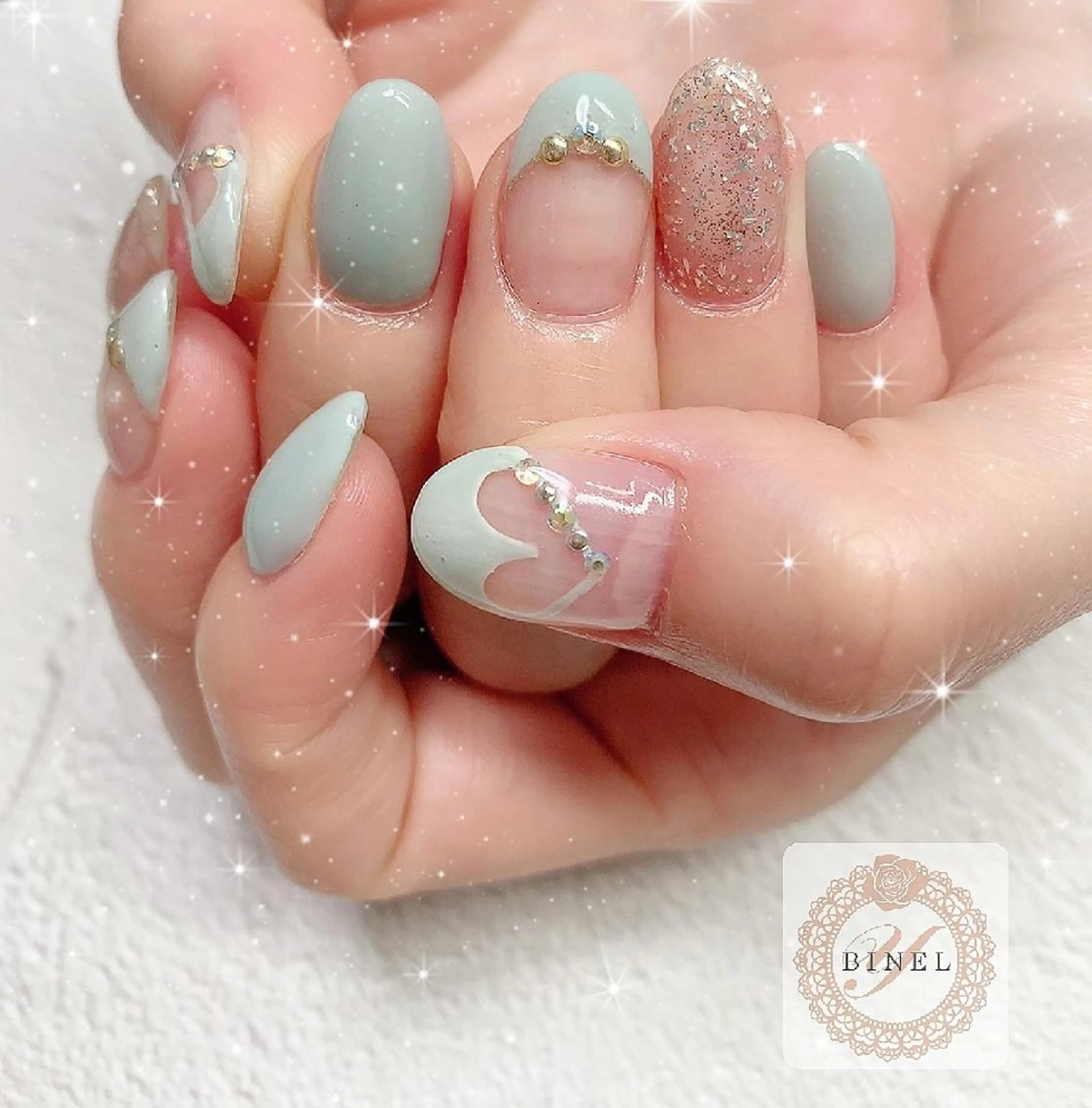 ネイル フレンチネイル ハート 持ち込み パステルネイル ピスタチオネイル ハンドネイル Nail Salon Y.BINELのネイルデザイン