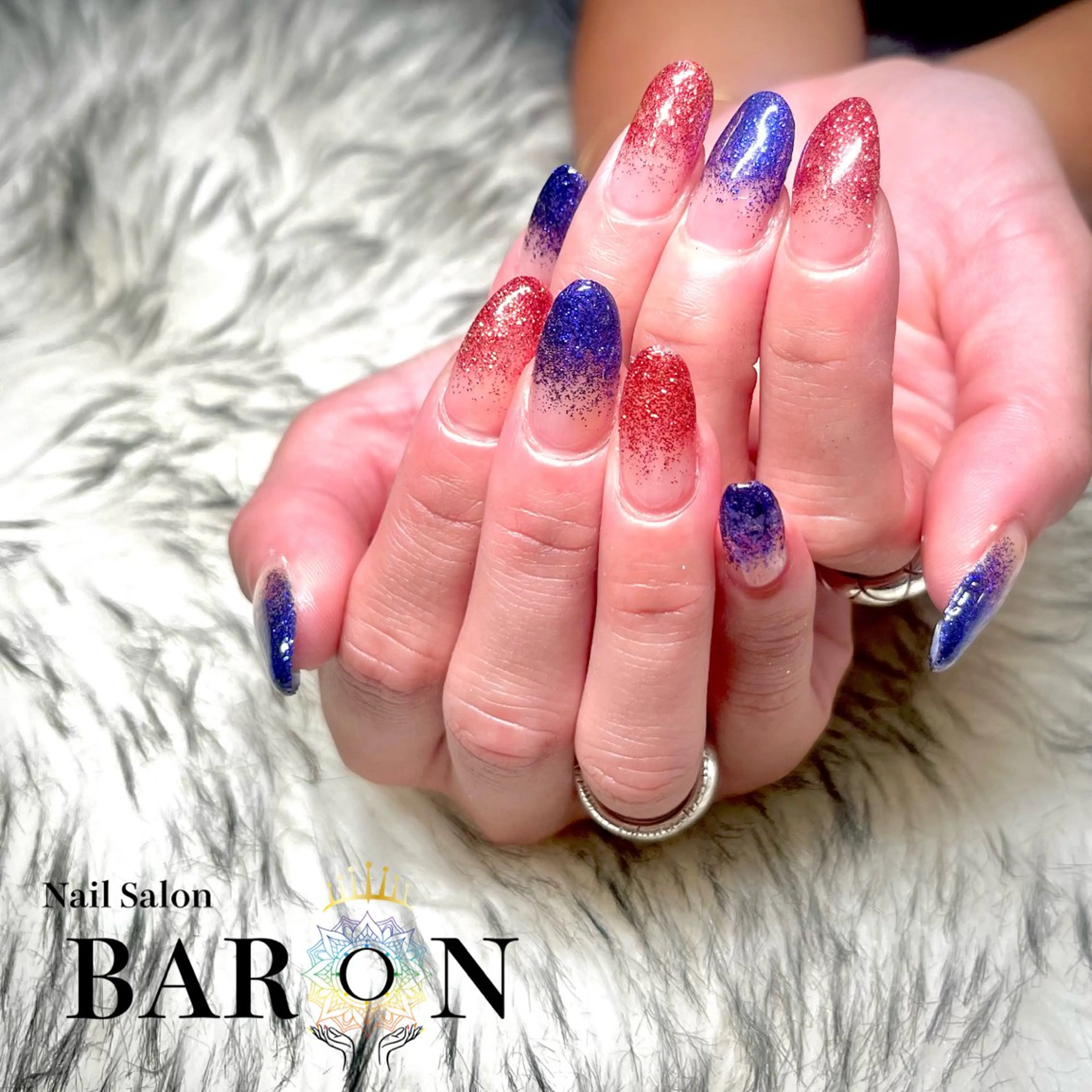 ネイル ブルー ラメ(グリッター) 赤色 ハンドネイル ☆SAKI☆ BARON 店長のネイルデザイン