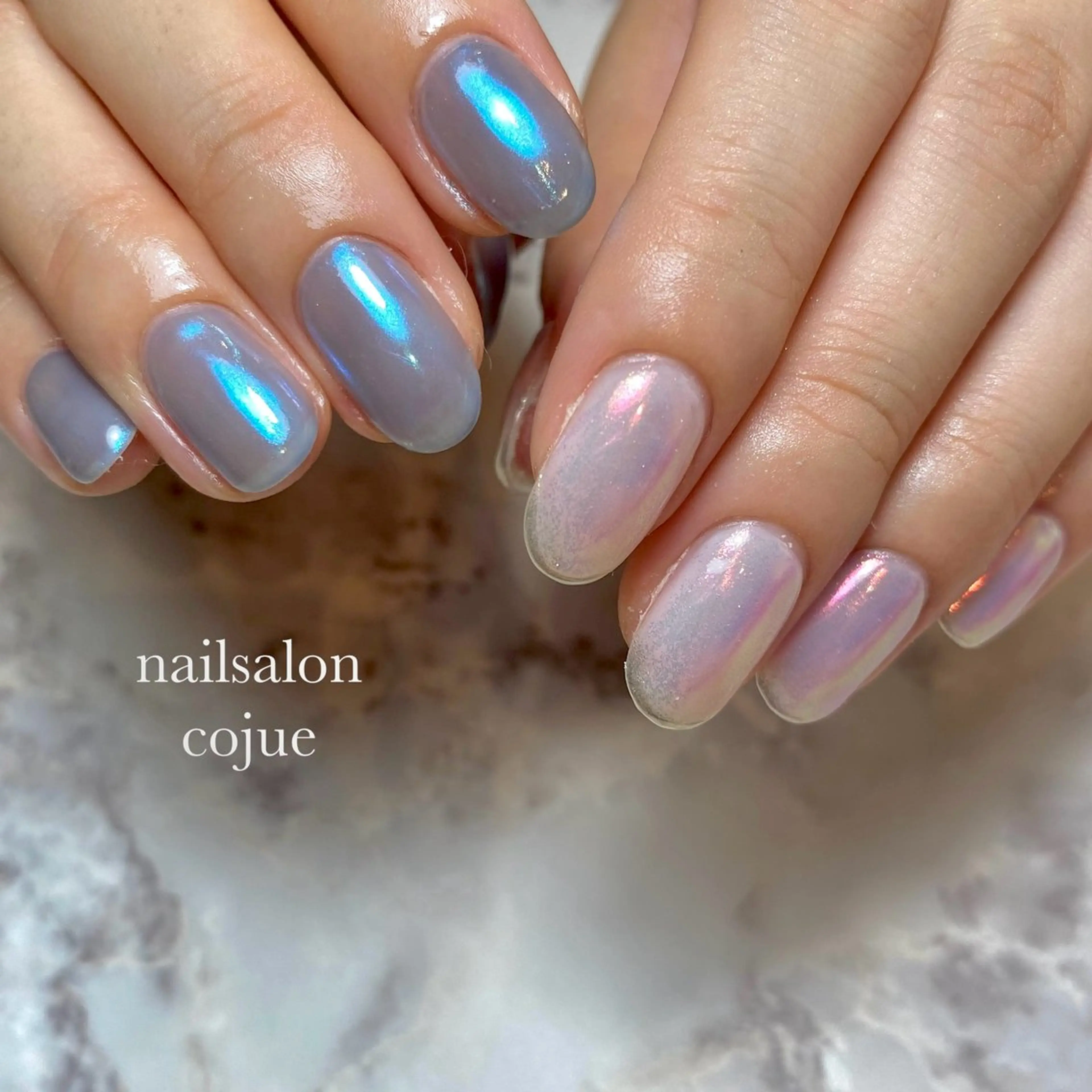 ネイル オーロラネイル ブルー ジェルネイル ミラーネイル パラジェル ハンドネイル nailsalon cojue ERIのネイルデザイン