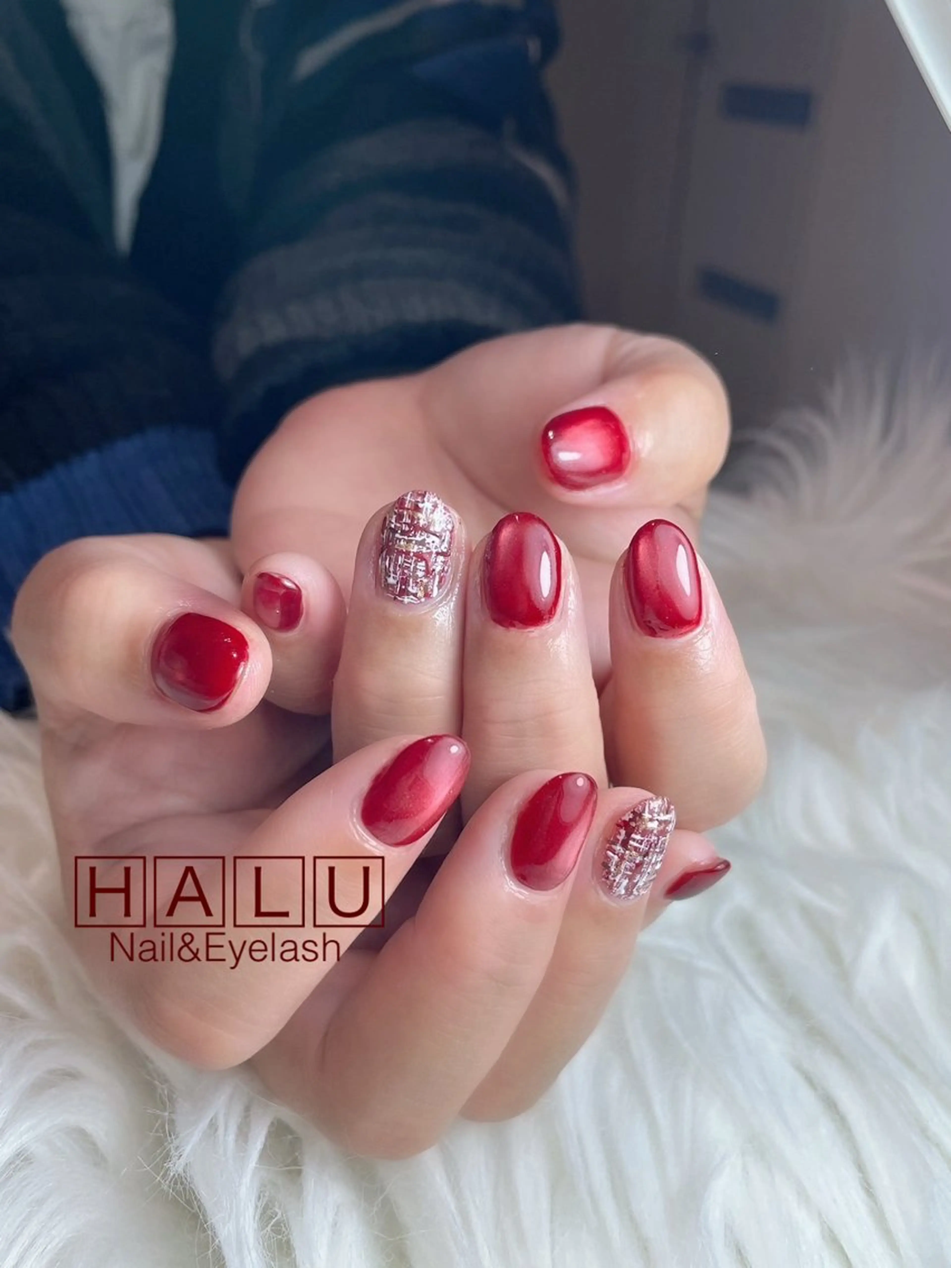 ネイル マグネットネイル 赤色 ツイードネイル HALU ハルのネイルデザイン