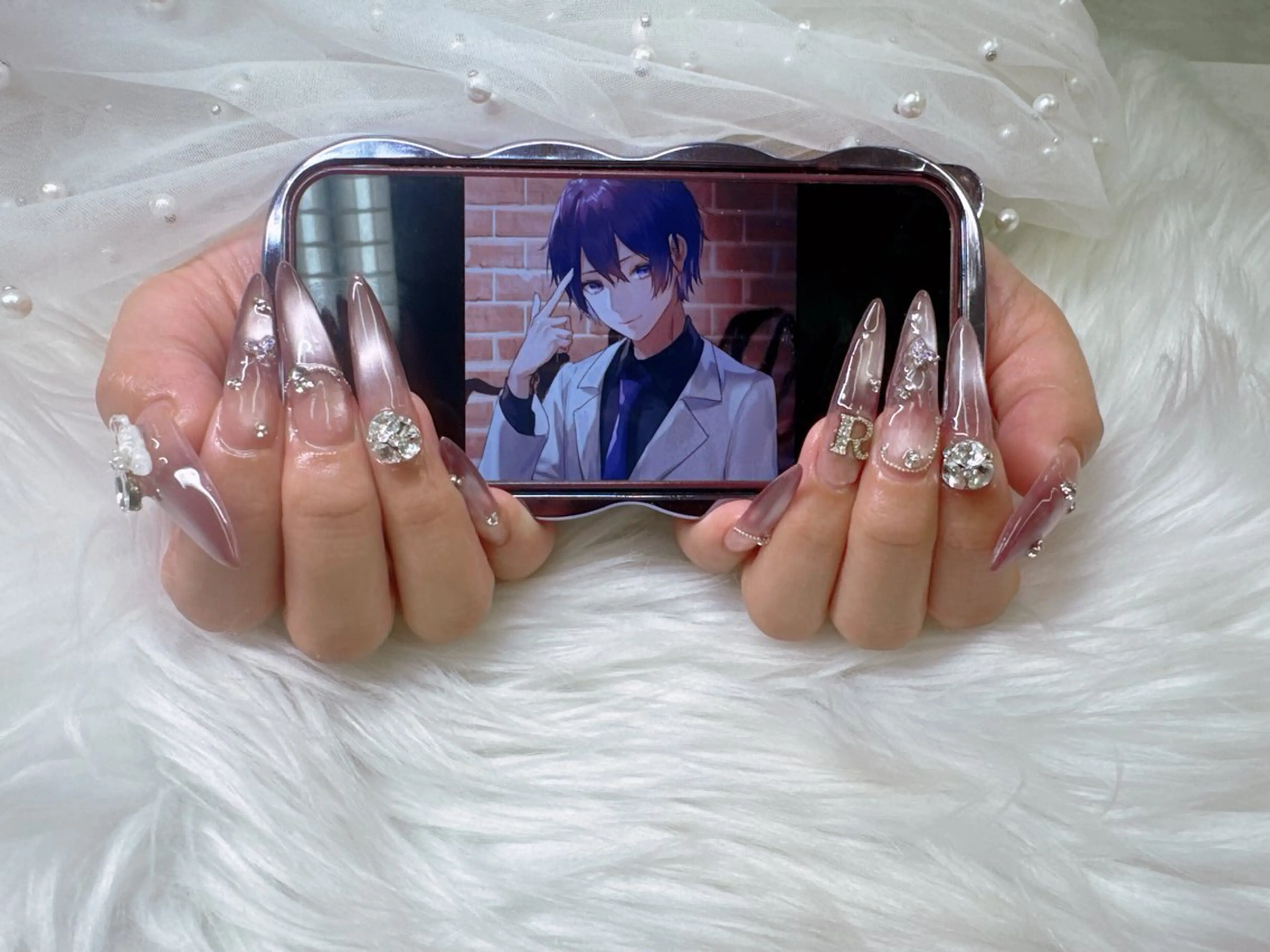 ネイル フレンチネイル ジェルネイル ガラスフレンチ キラキラネイル ロングネイル ハンドネイル Queeens nailのネイルデザイン