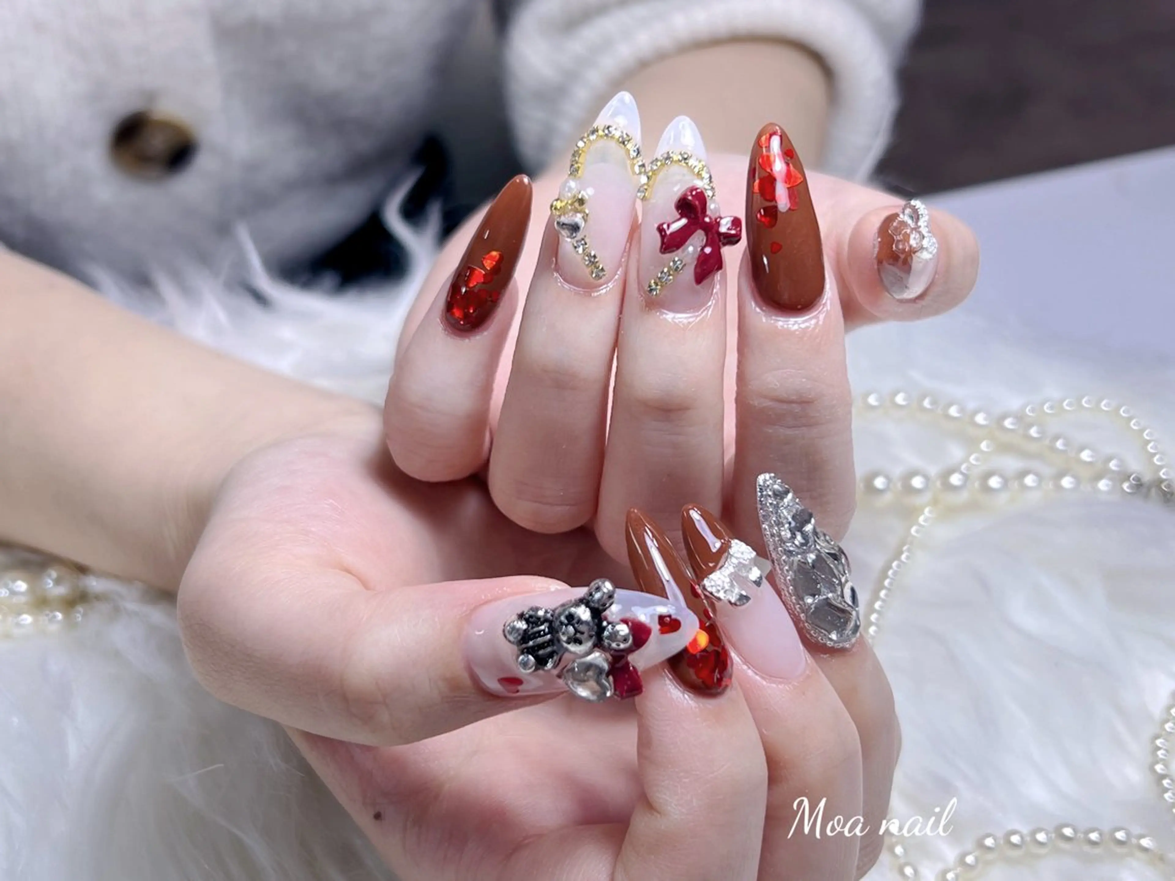 ネイル 長さ出し フレンチネイル ガラスフレンチ ハート キラキラネイル ハンドネイル Moa nailのネイルデザイン