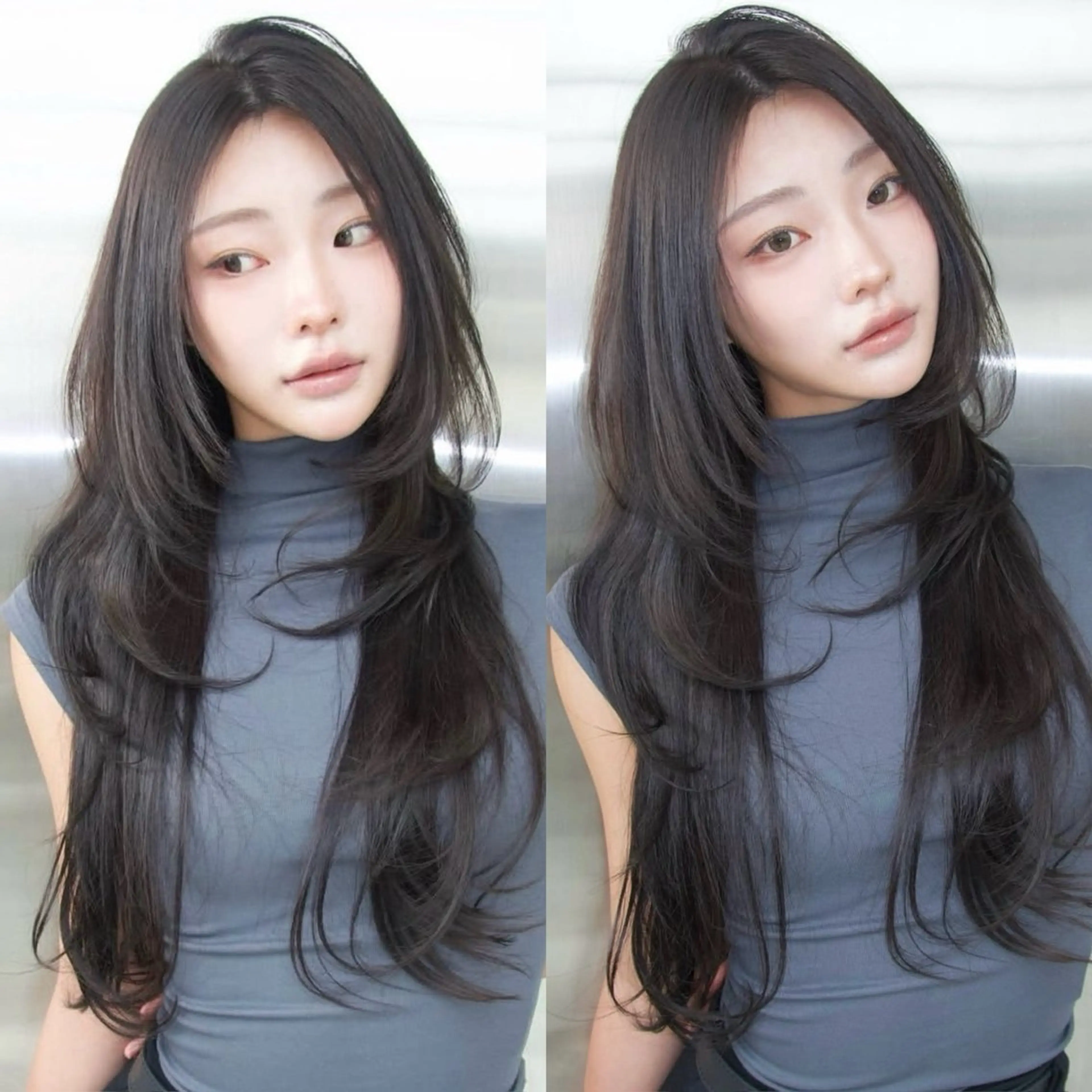 ロング くびれヘア 顔周りカット ハイレイヤー 韓国風ヘア レイヤーカット カット トリートメント がわ/ハイレイヤー /ハイトーンカラーのヘアスタイル