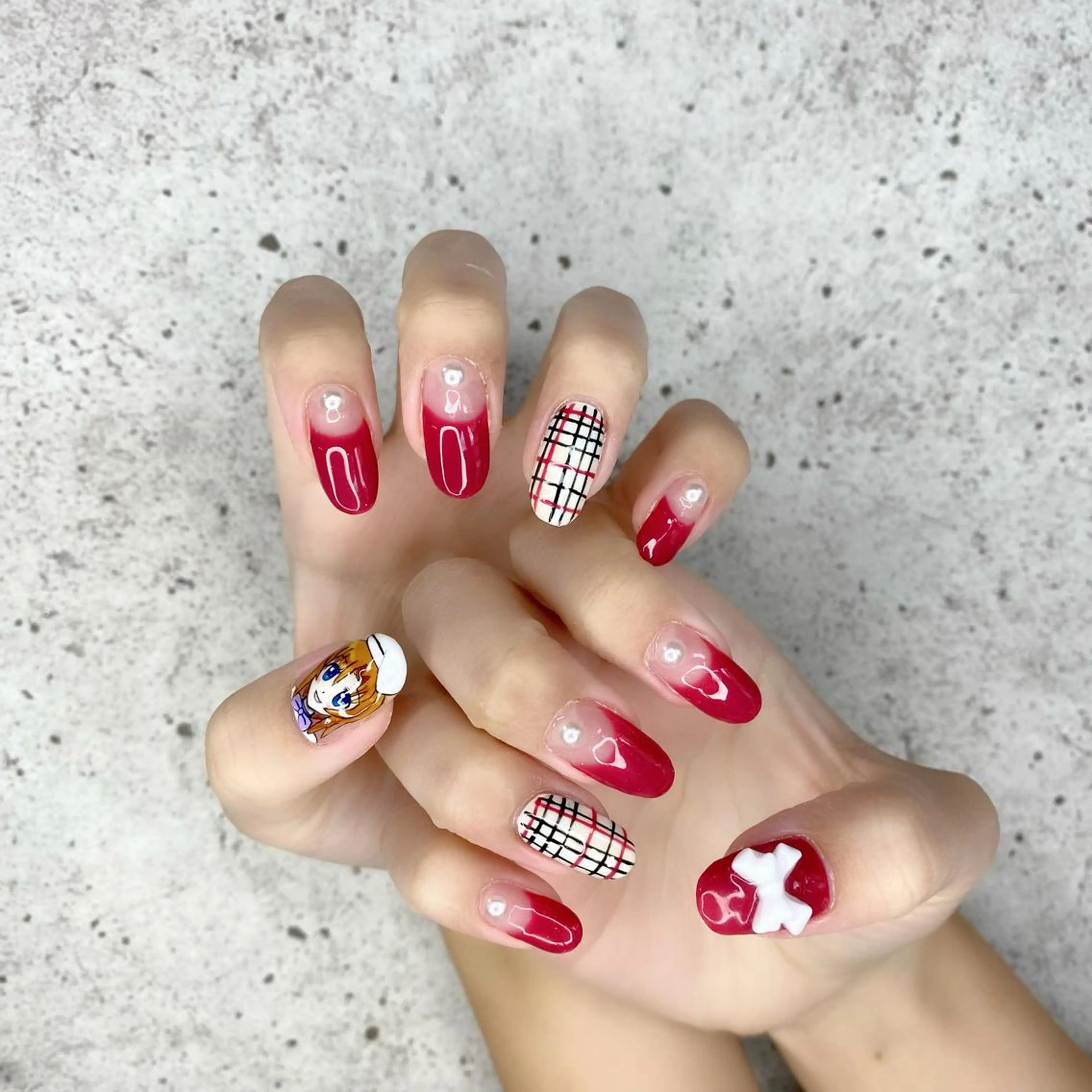 ロング カラー パーマ ヘアアレンジ メンズ キッズ ネイル マツエク・マツパ ロング フレンチネイル ロングネイル 赤色 リボン ハンドネイル Salon Ｋのネイルデザイン