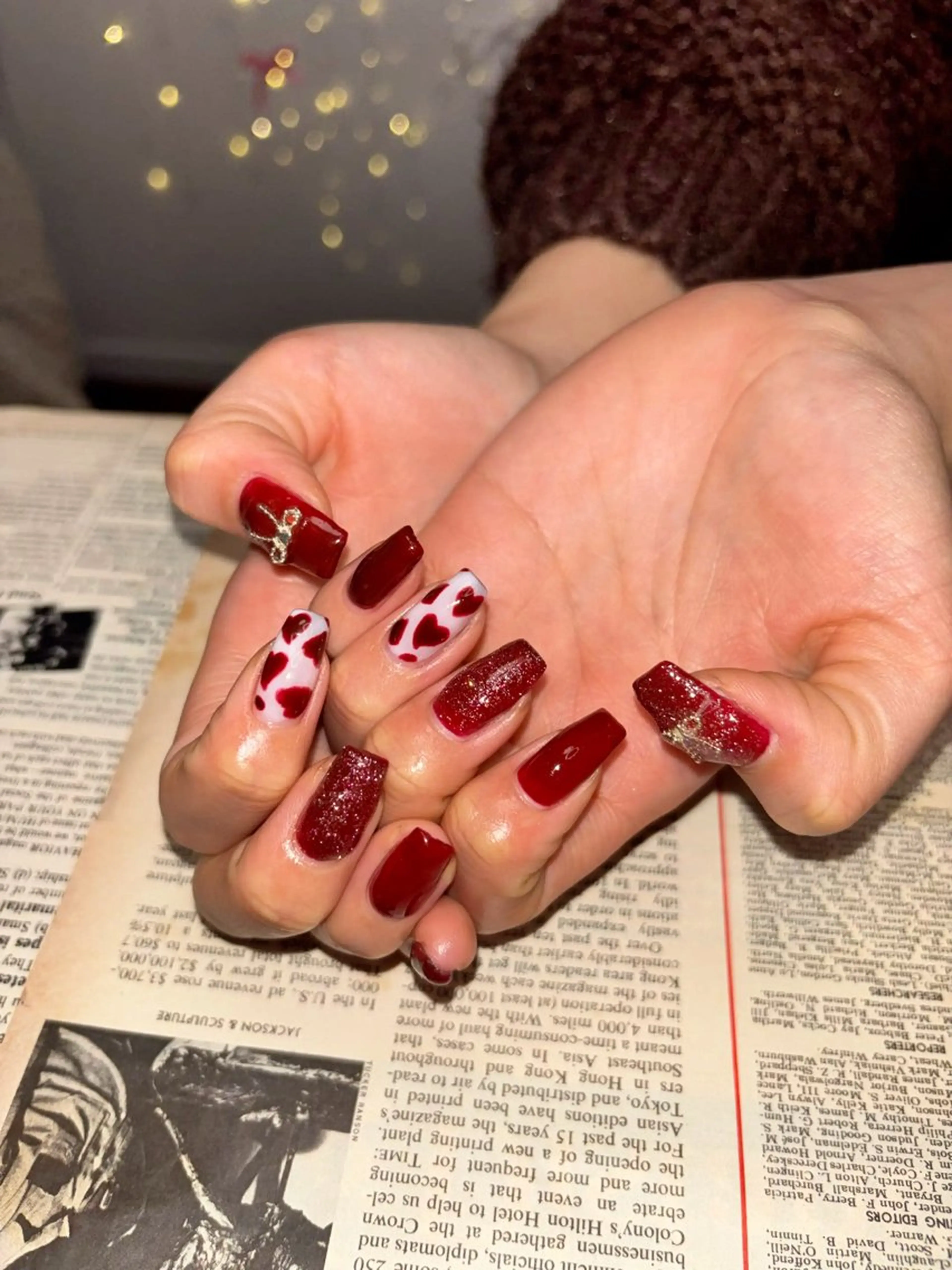 ネイル ガーリー ハート ラメ(グリッター) 赤色 ハンドネイル ぽっぷん satomiのネイルデザイン