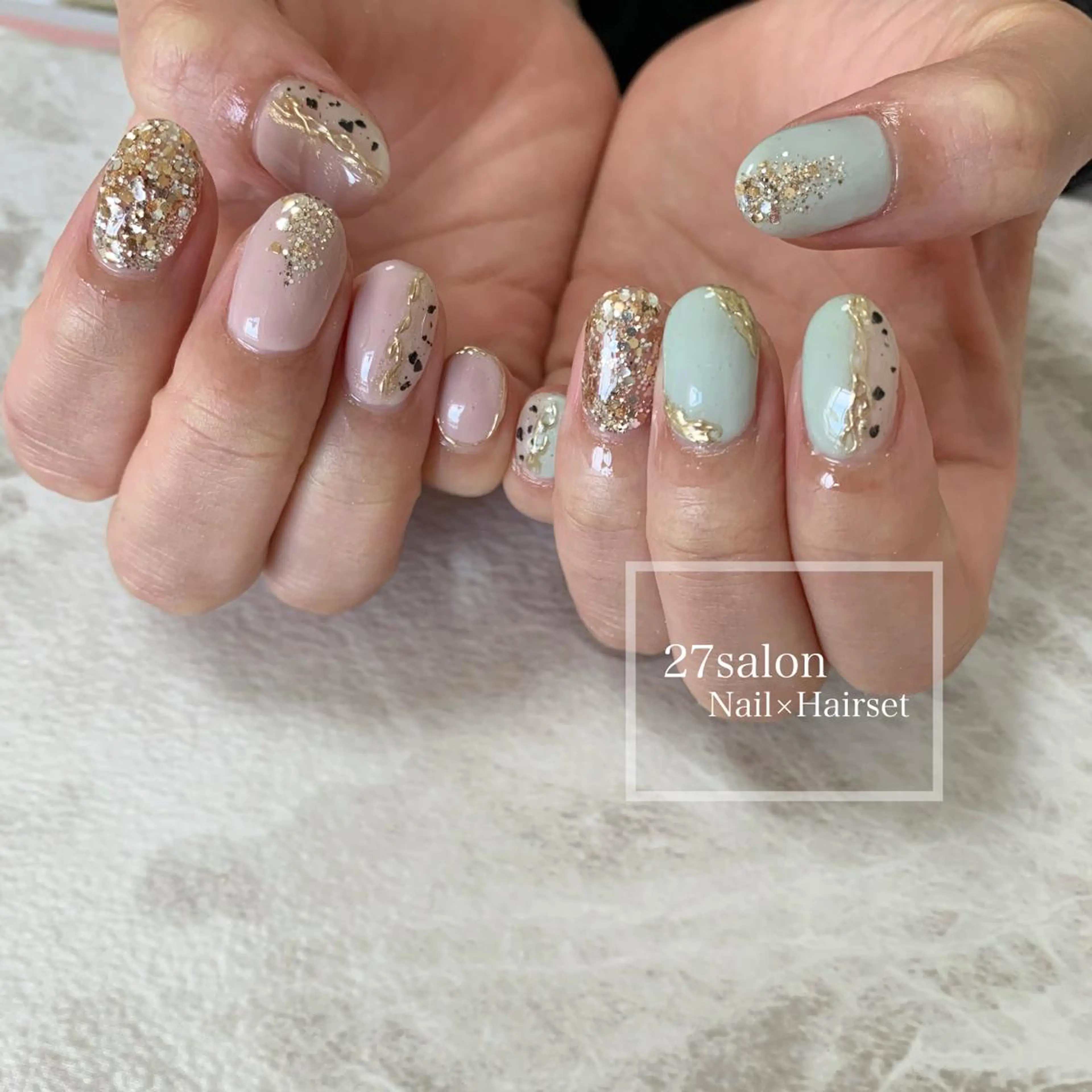 ネイル グリーン ピンク 27salon yuinaのネイルデザイン