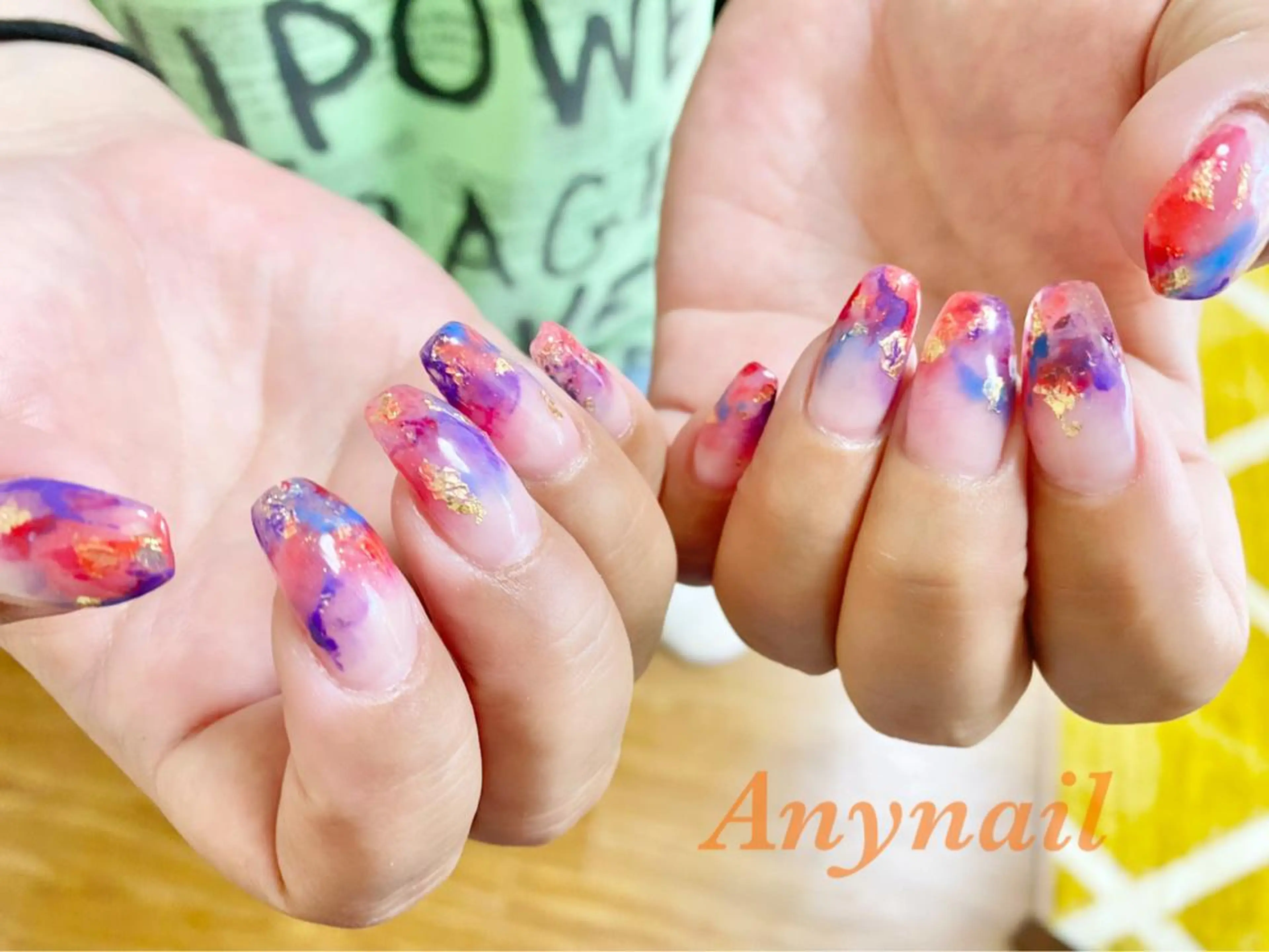 ネイル アートネイル ブルー ジェルネイル オレンジ パープル ハンドネイル 岩澤 恵子のネイルデザイン