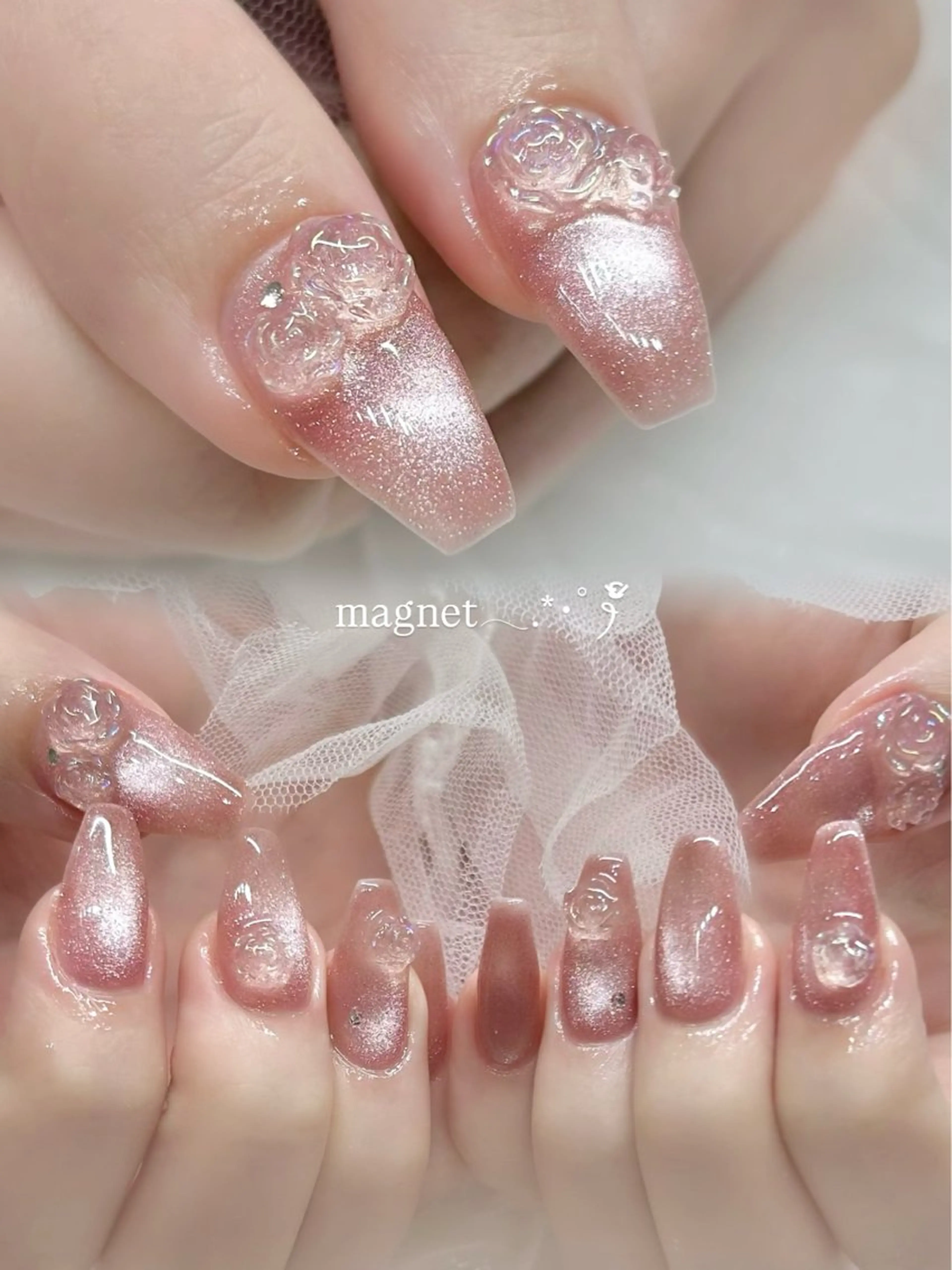 ネイル ジェルネイル ガーリー マグネットネイル パラジェル ピンク 🎀チーク/ちゅるん 🫧chisa🎀のネイルデザイン