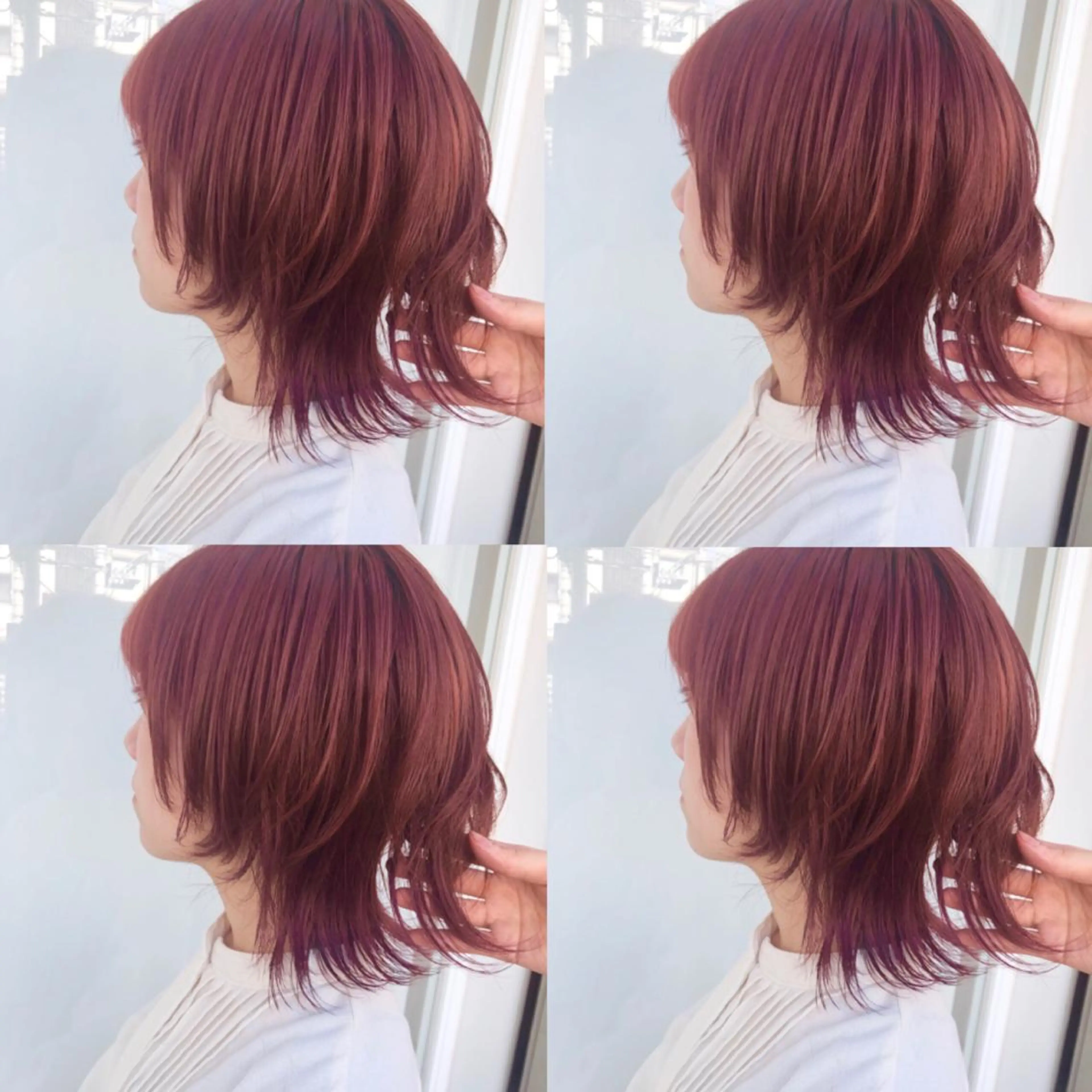 ミディアム カラー ブリーチ レッドカラー ウルフカット ウルフカット ハッシュカット/七海のヘアスタイル