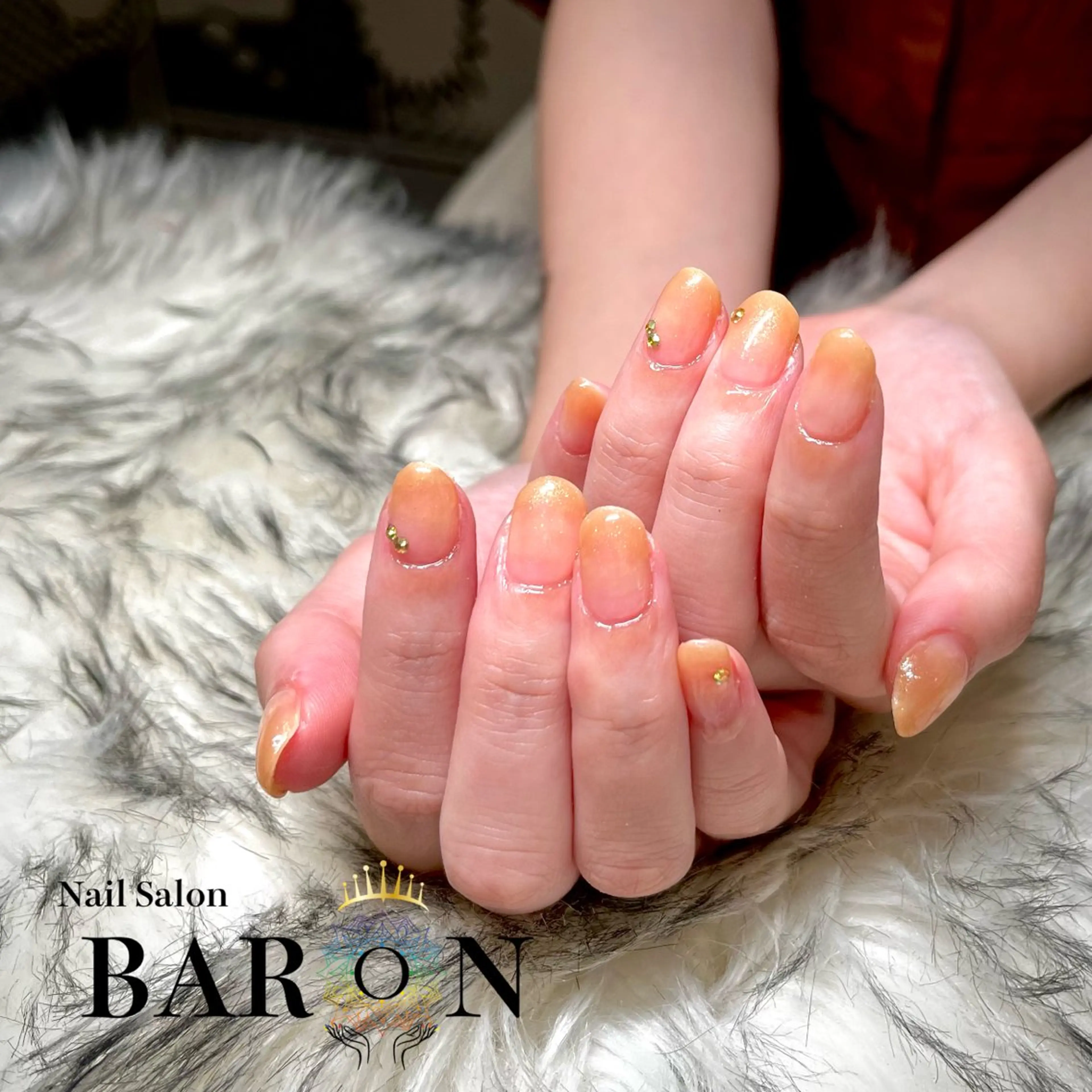 ネイル ブラウン オレンジ ストーンネイル ハンドネイル ☆SAKI☆ BARON 店長のネイルデザイン