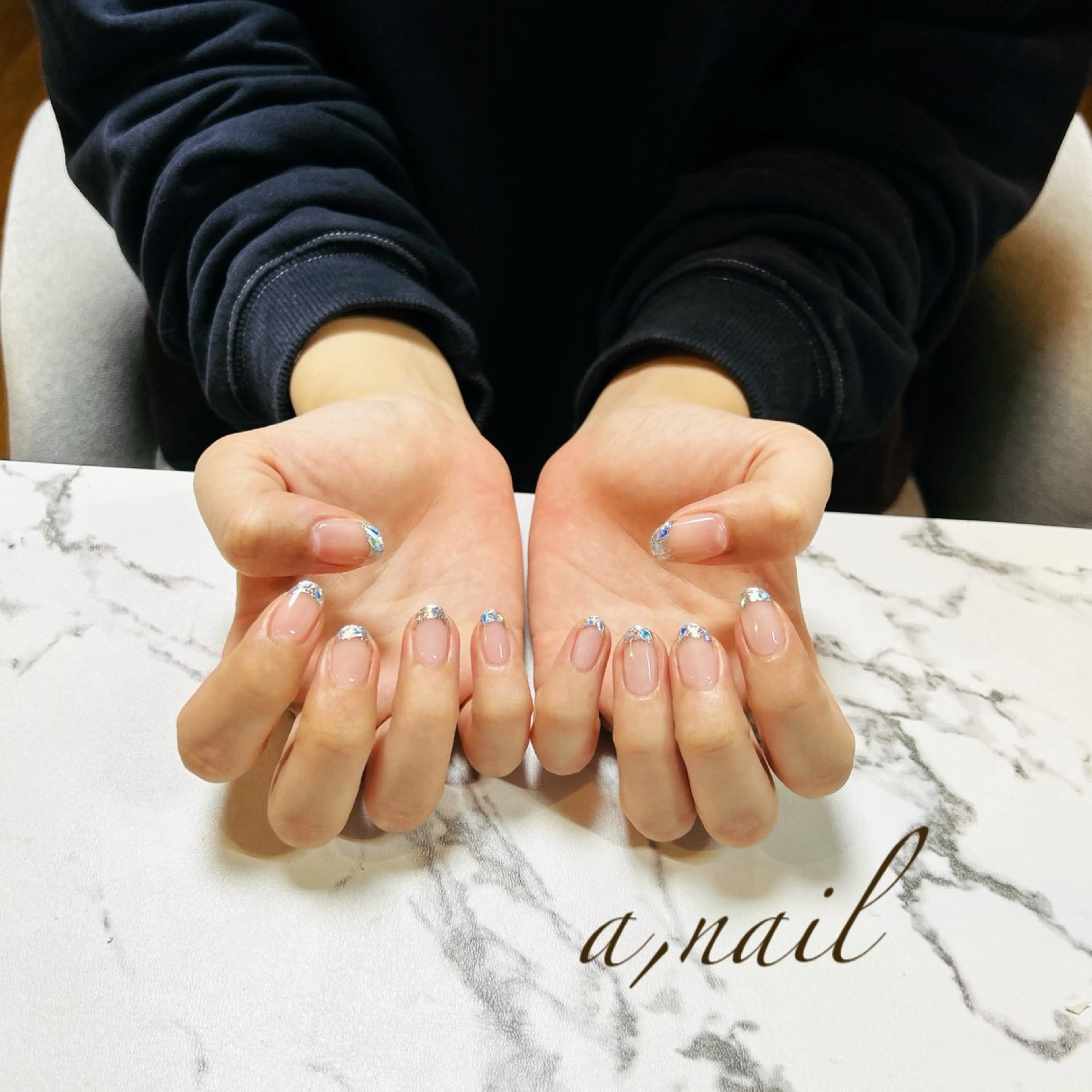 ネイル オーロラネイル フレンチネイル ガラスフレンチ キラキラネイル シンプルネイル ネイルサロン エーネイルのネイルデザイン