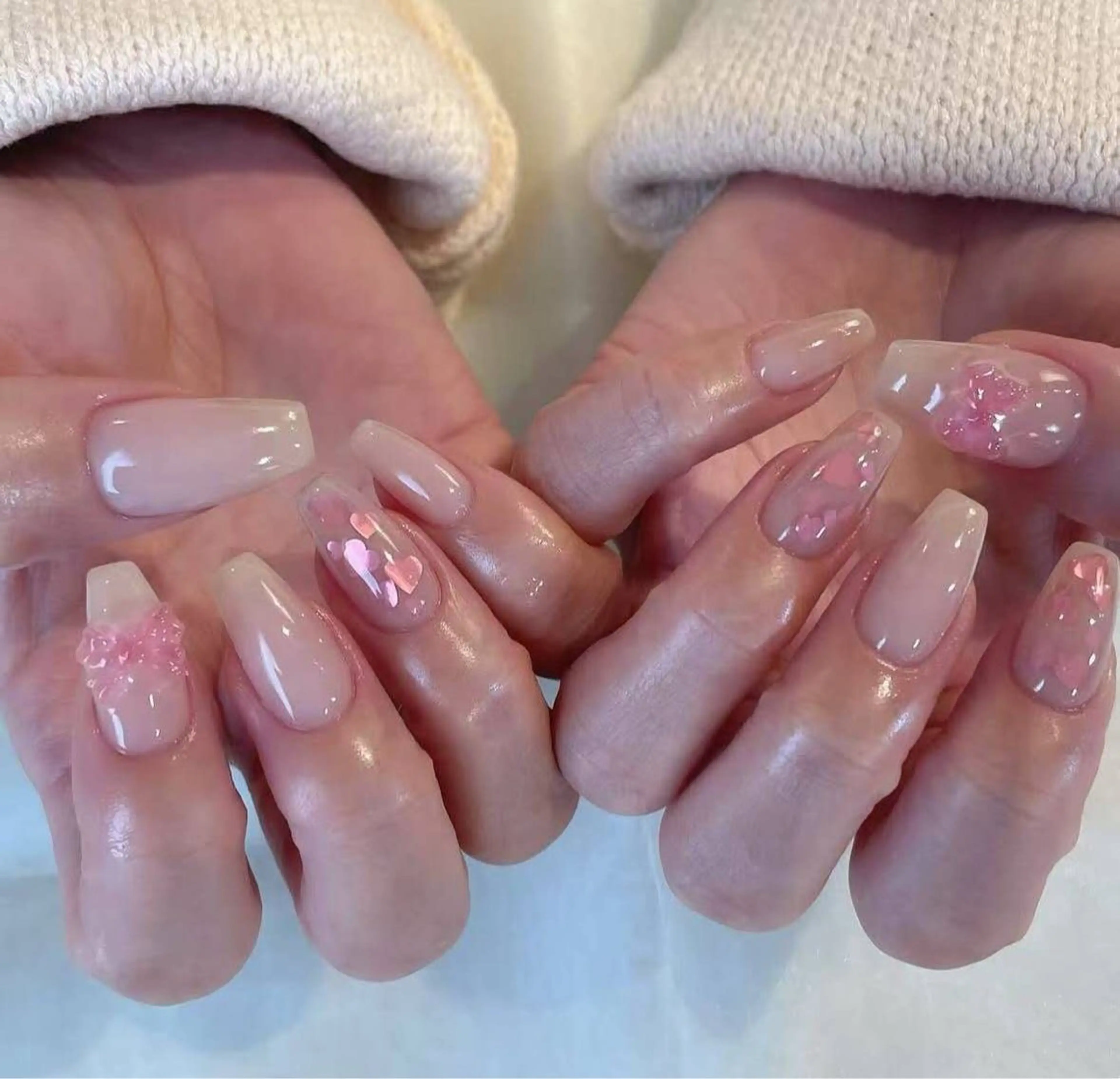 ネイル フラワーネイル フレンチネイル ジェルネイル ガラスフレンチ ハート ハンドネイル BabyYouMi ねねのネイルデザイン