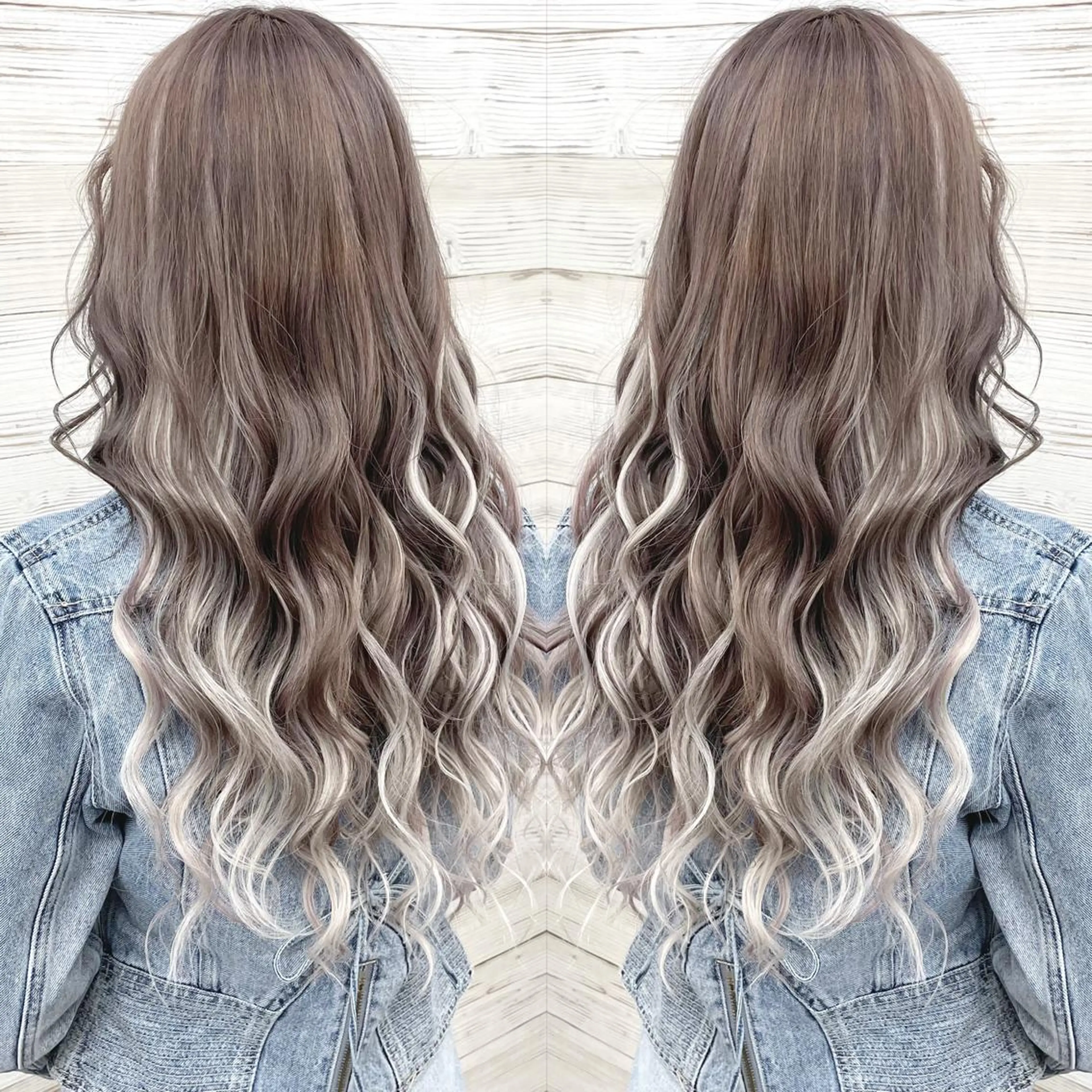 ロング カラー ヘアアレンジ シールエクステ アッシュ ブリーチ 透明感カラー ダークグレー エクステ 枝毛カット＆髪質改善 満足NO.1岡しゃんのヘアスタイル