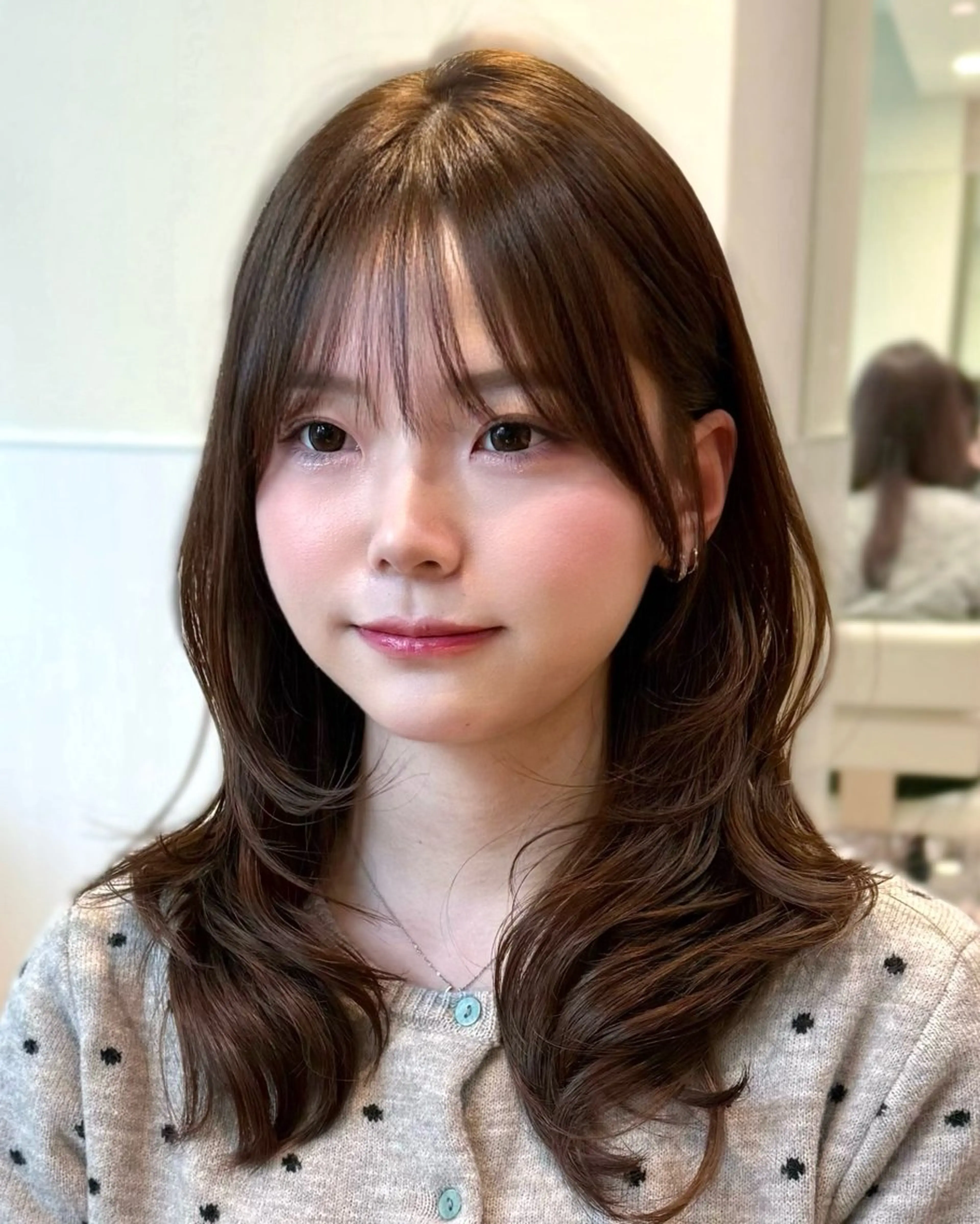 セミロング カット ヘアカラー トリートメント 表参道小顔カット前髪 割れ改善クロスパーマのヘアスタイル