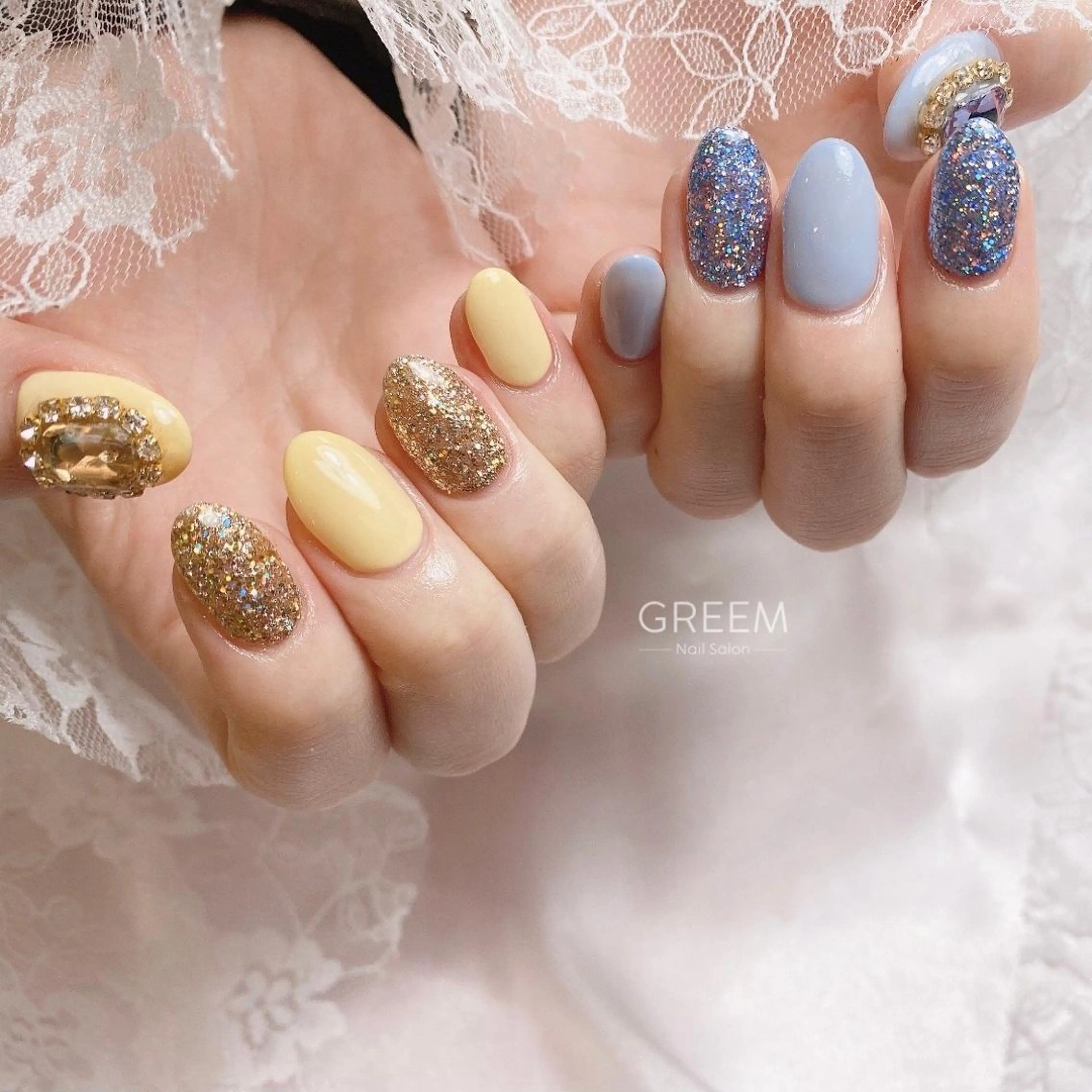 ネイル キラキラネイル 韓国ネイル 黄色 ハンドネイル GREEM グリームのネイルデザイン