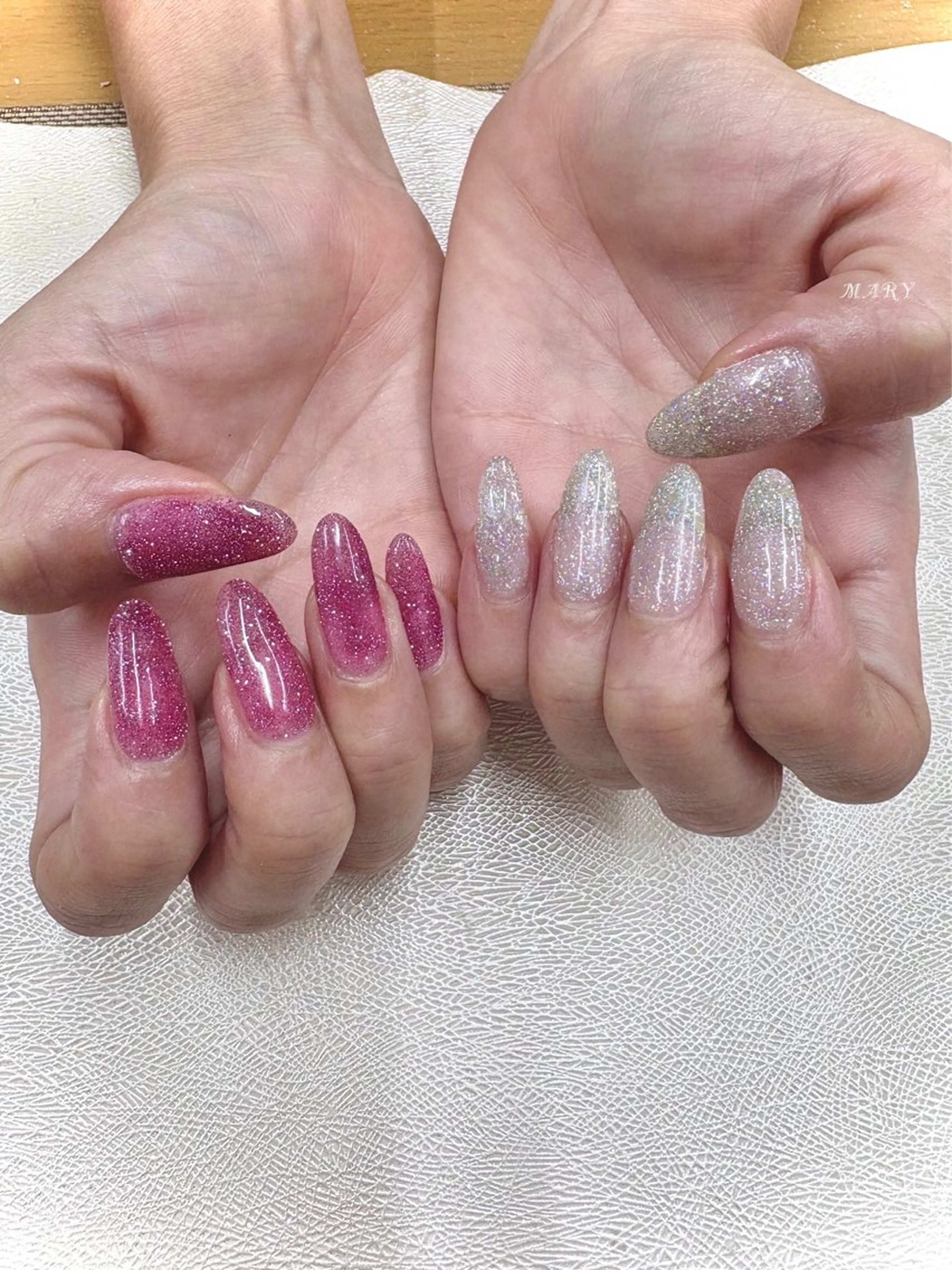 ネイル フラッシュネイル キラキラネイル ニュアンスネイル ワンカラーネイル ピンク ハンドネイル Mary nail .narumiのネイルデザイン