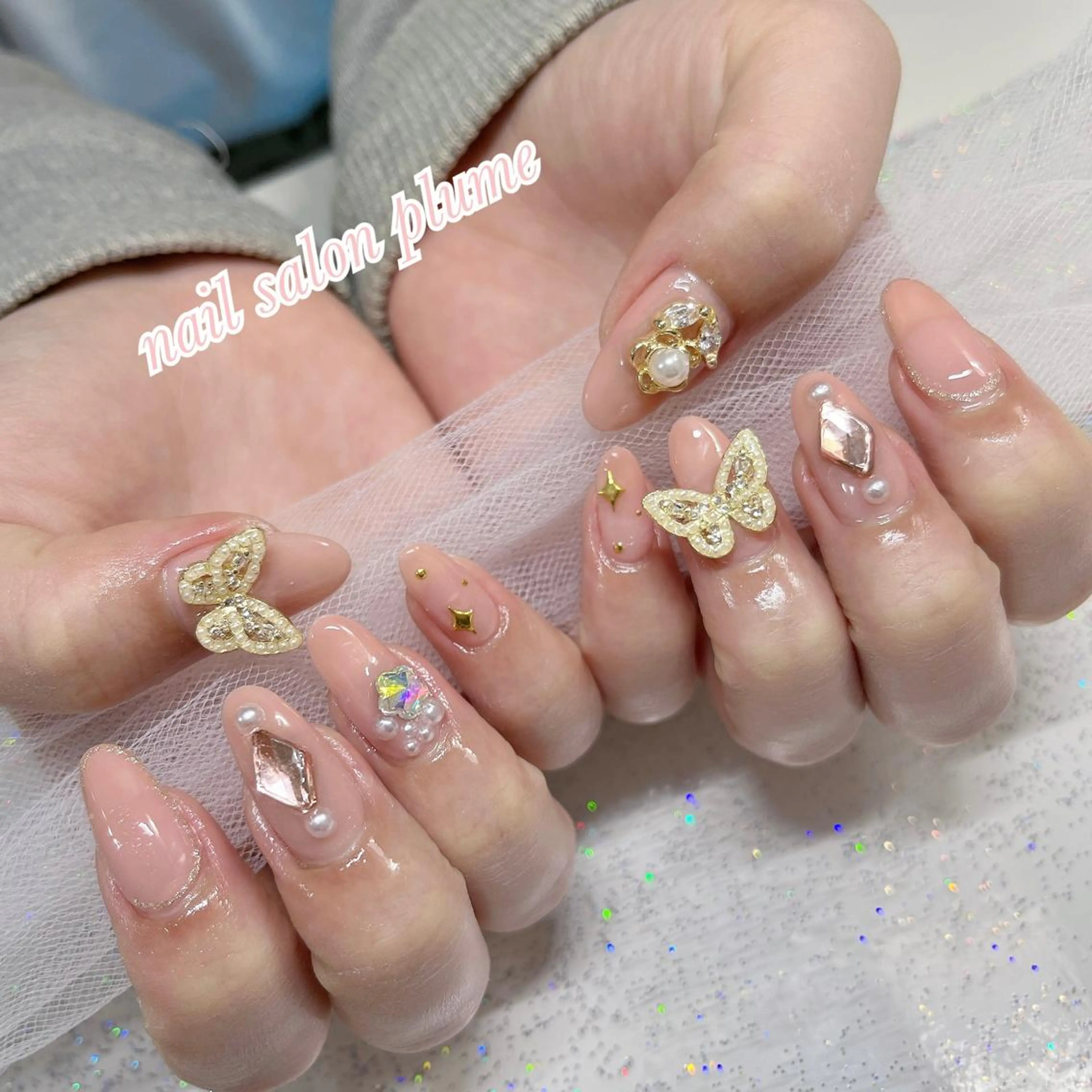 ネイル アートネイル フラワーネイル ガーリー ハート キラキラネイル ハンドネイル plume nail ☆韓国ネイルのネイルデザイン