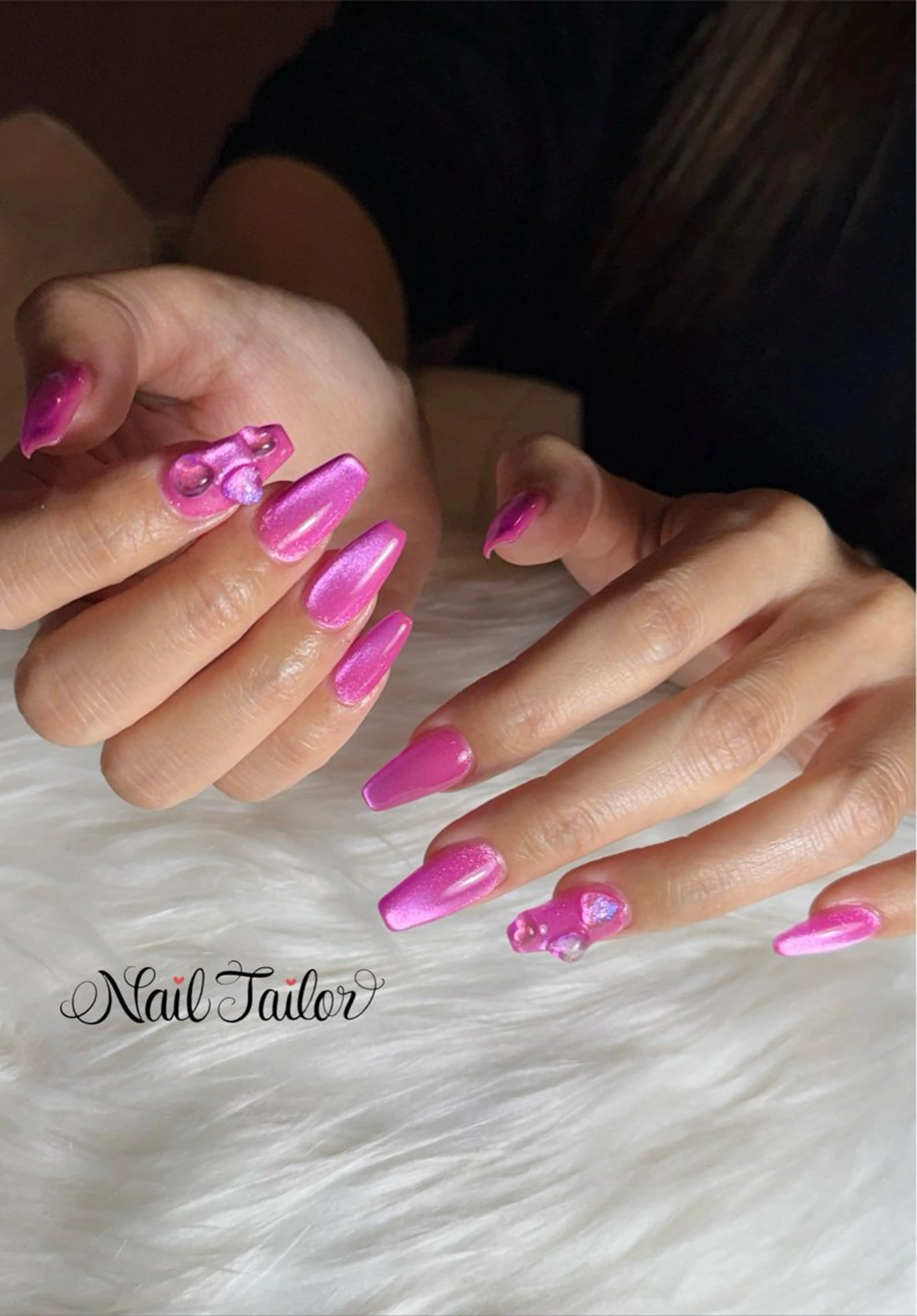 ネイル ハート ロングネイル マグネットネイル ピンク スカルプネイル ハンドネイル NailTailor ネイルテイラーのネイルデザイン