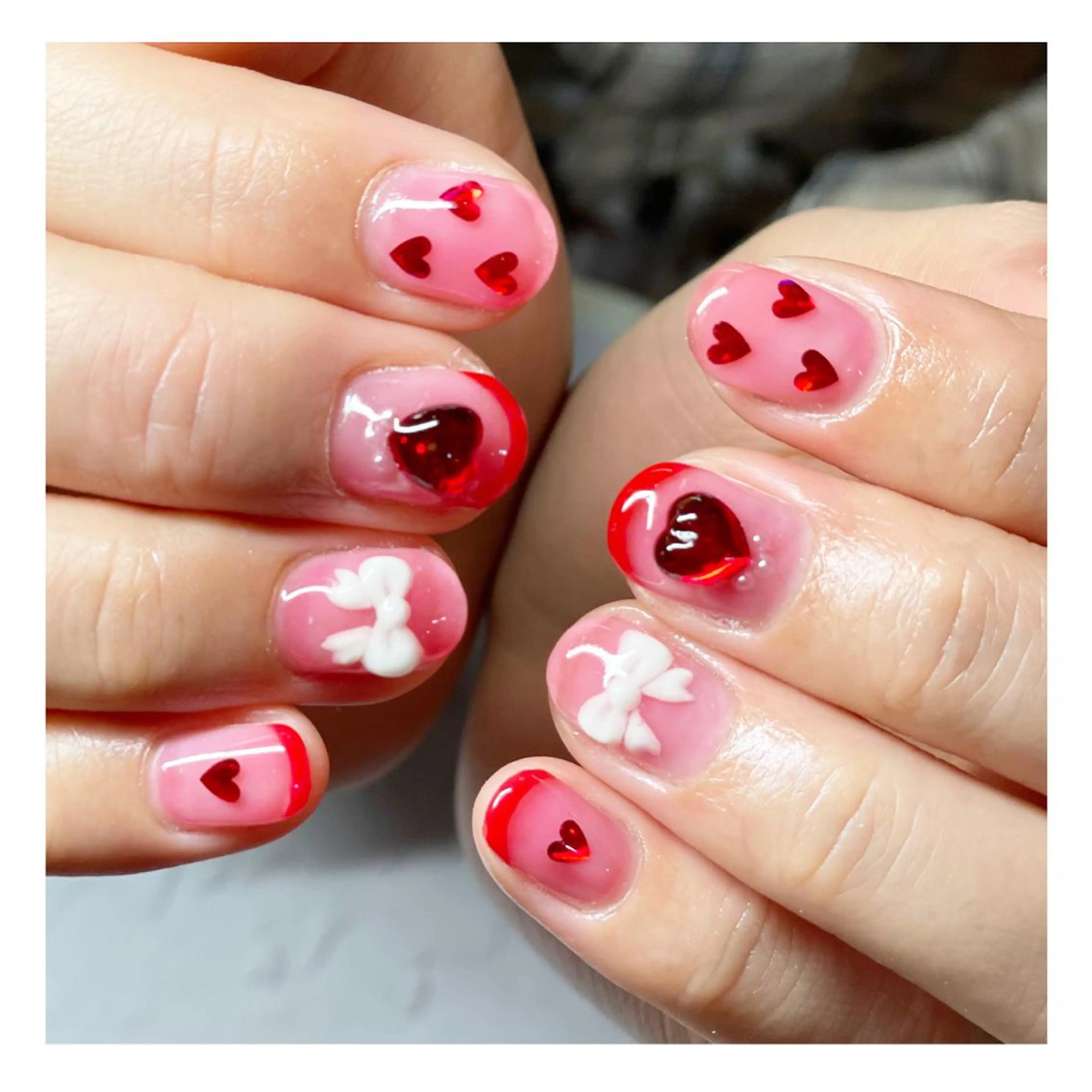 ネイル ジェルネイル ハート リボン ショートネイル ハンドネイル LaLa Peach 福岡のマツエク・マツパデザイン