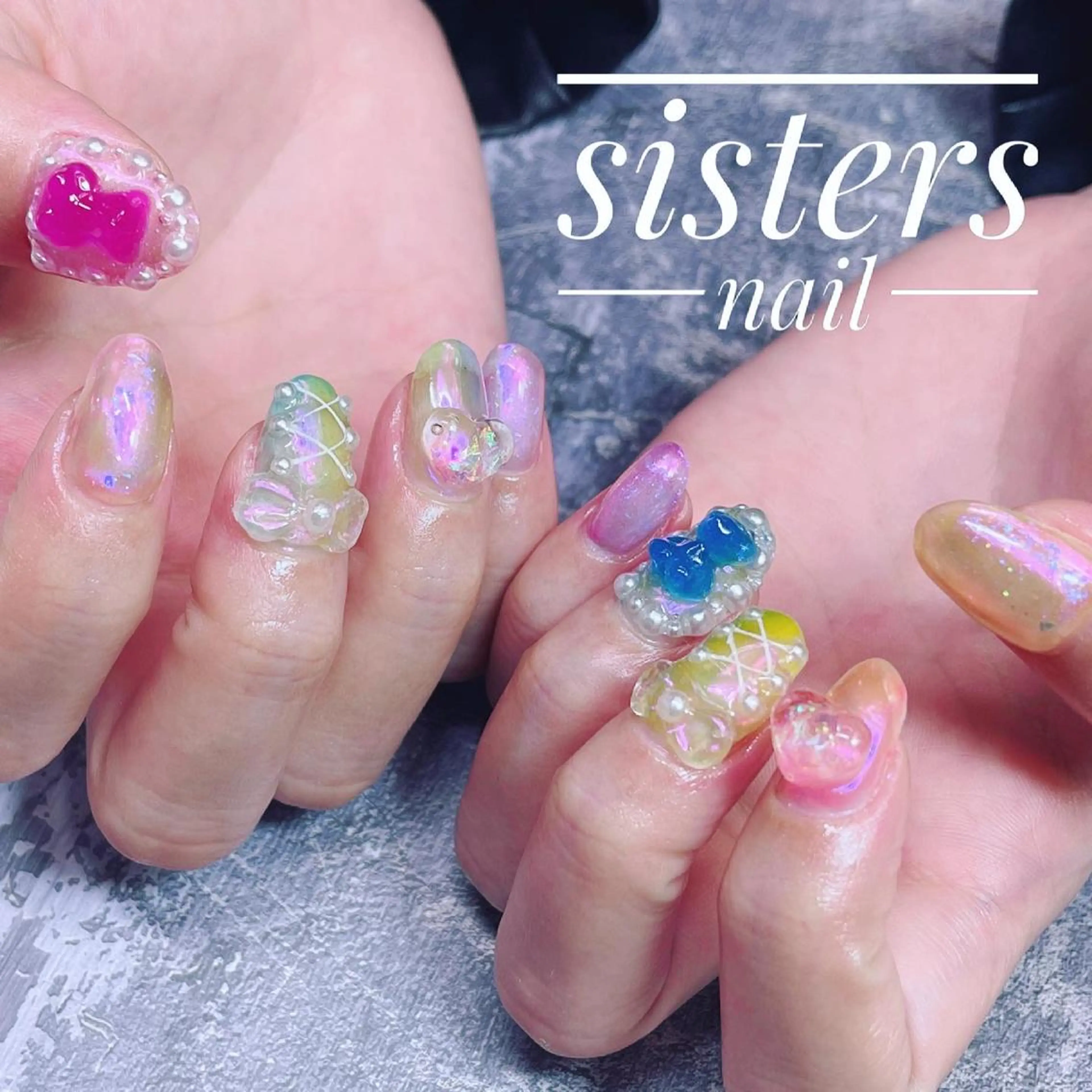 ネイル アートネイル オーロラネイル クリアネイル 氷ネイル・うるうるネイル リボン ハンドネイル ハンドケア sisters nail.fのネイルデザイン