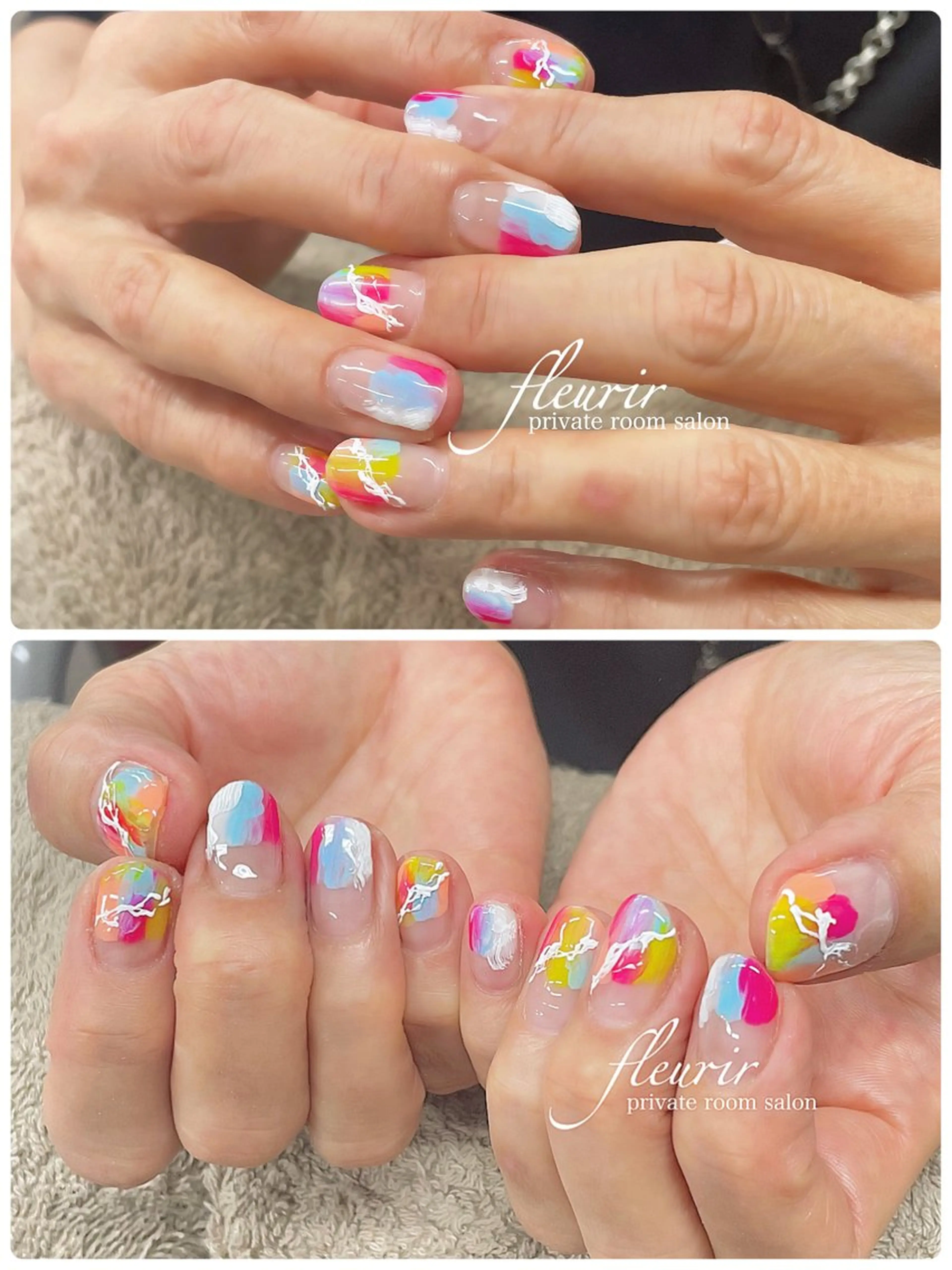 ネイル アートネイル クリアネイル 水色 ミラーネイル オレンジ フルリール 【プライベートサロンのネイルデザイン