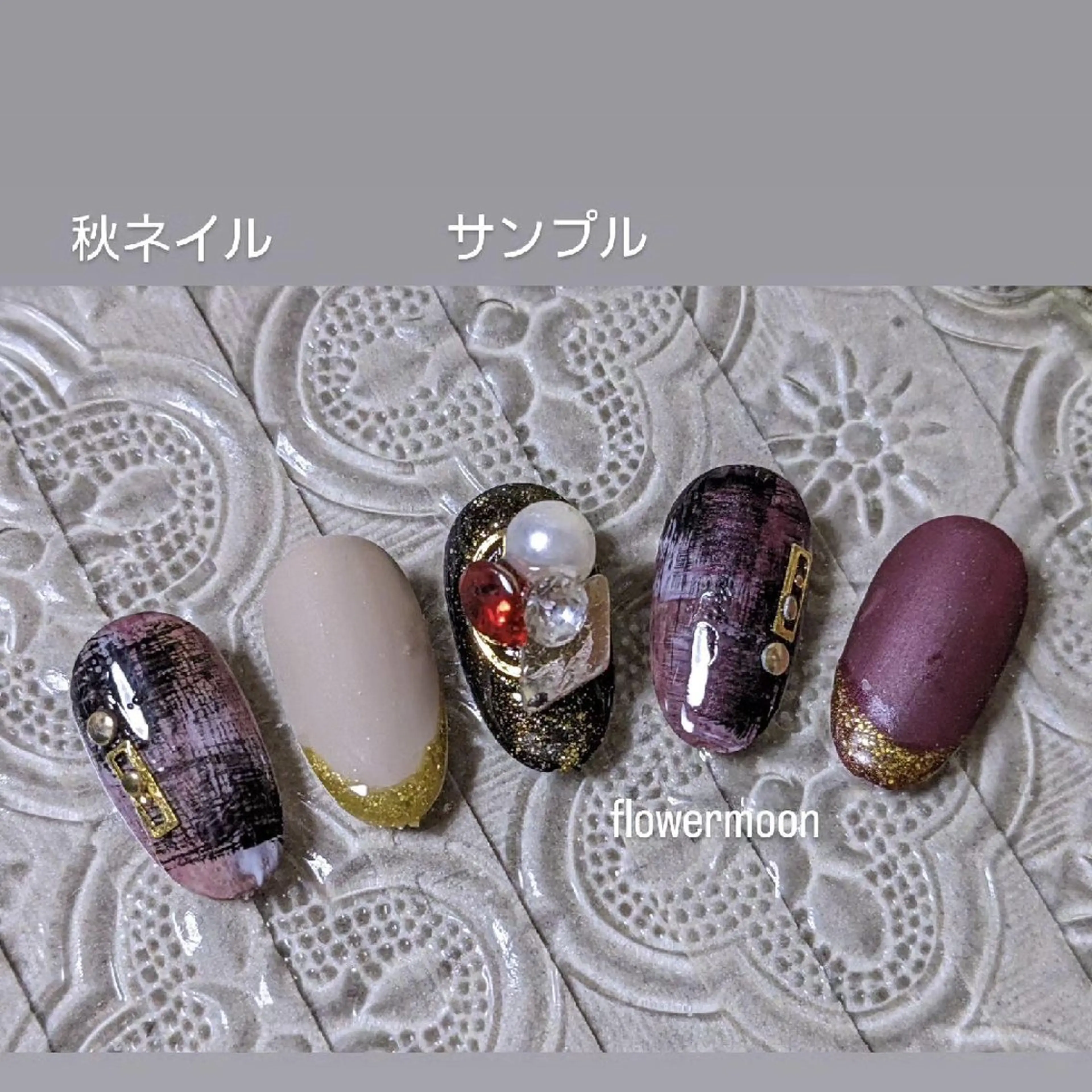 ネイル ボルドー ハンドネイル ハンドケア フラワー ムーンのネイルデザイン