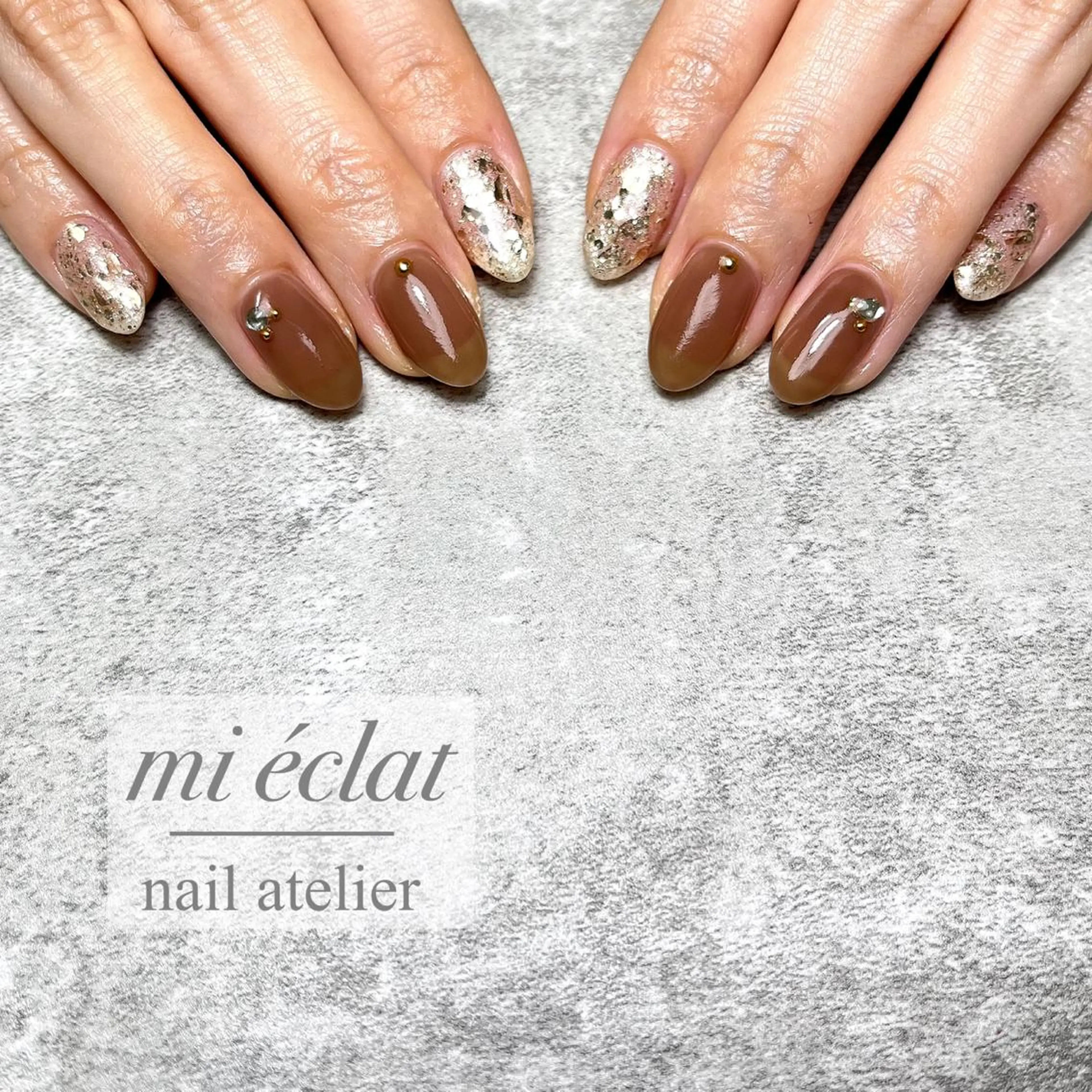 ネイル ボルドー ブラウン フレンチネイル ジェルネイル ゴールド mi éclat ミ　エクラのネイルデザイン