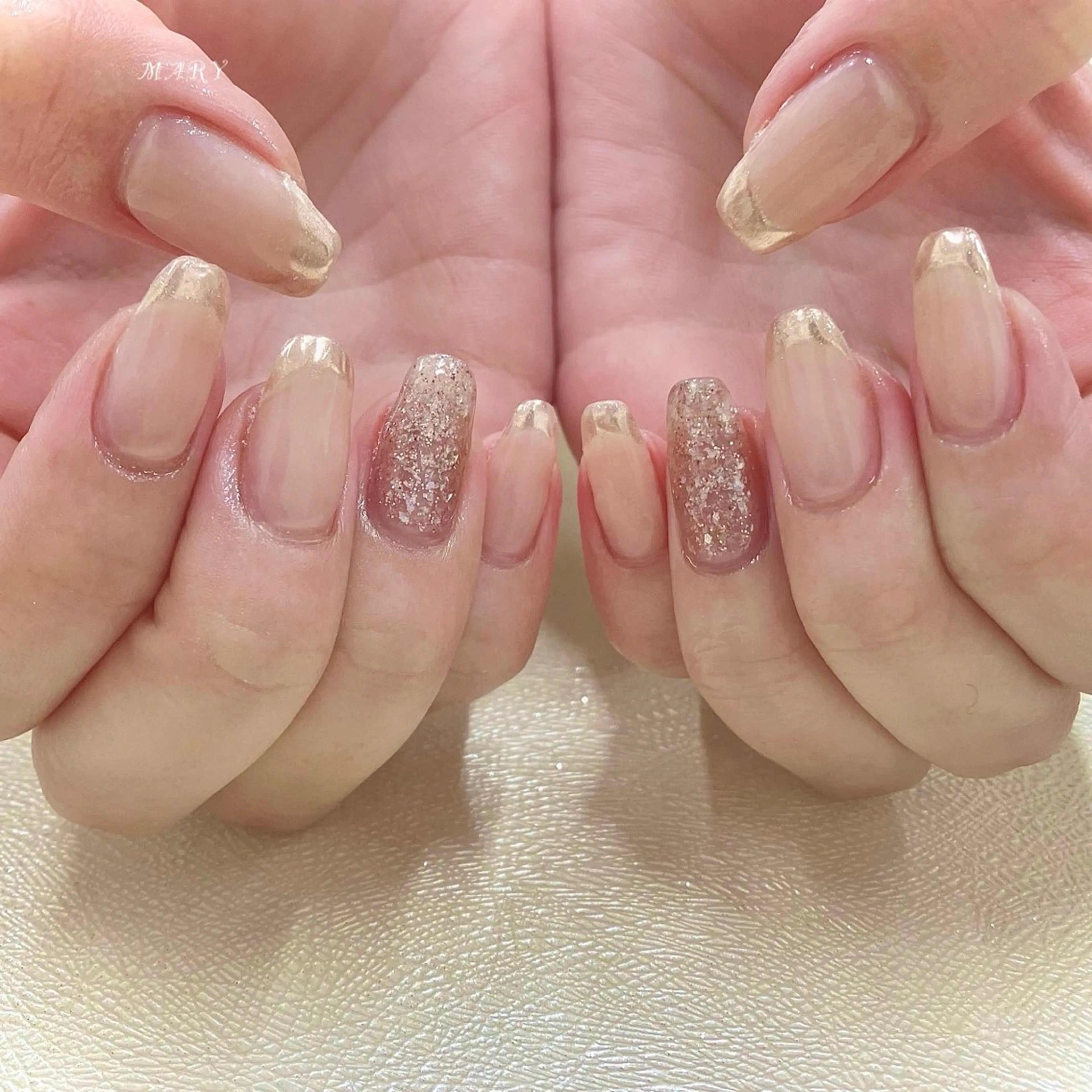 ネイル フレンチネイル キラキラネイル ミラーネイル ニュアンスネイル ピンク ハンドネイル Mary nail .narumiのネイルデザイン