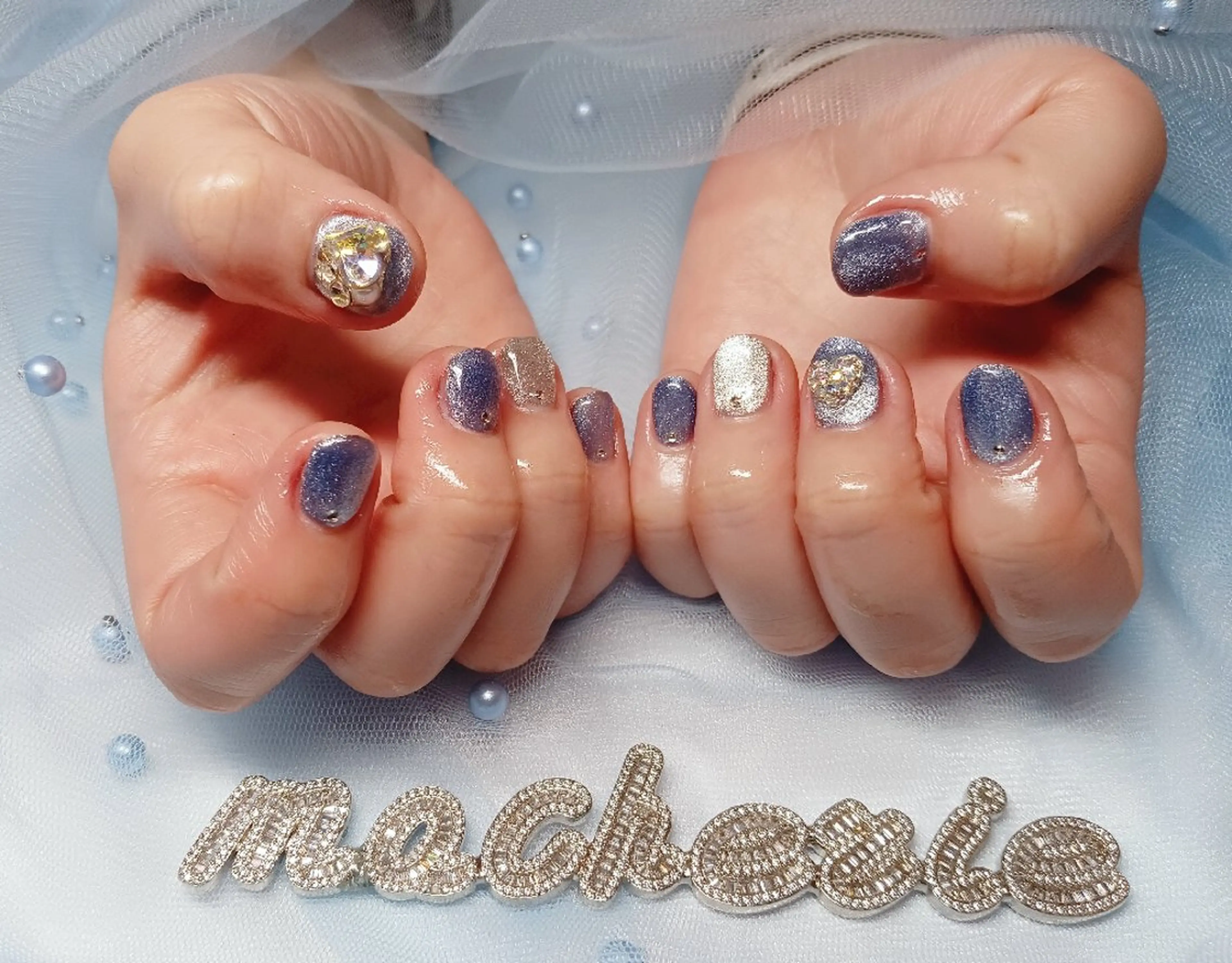 ネイル ブルー キラキラネイル ハンドネイル Nail Salon macherieのネイルデザイン