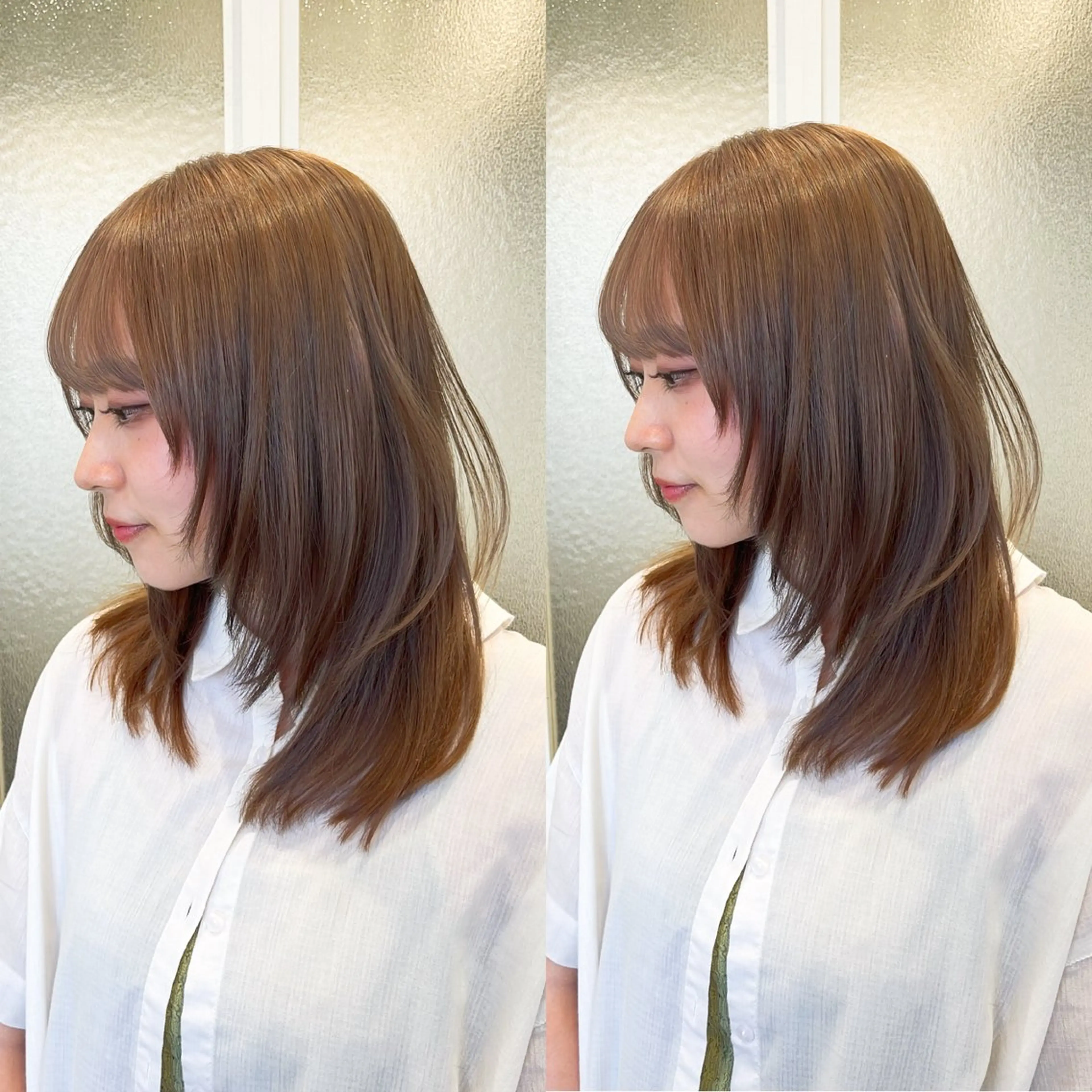 セミロング カラー 縮毛矯正とレイヤー で飯食ってる人のヘアスタイル