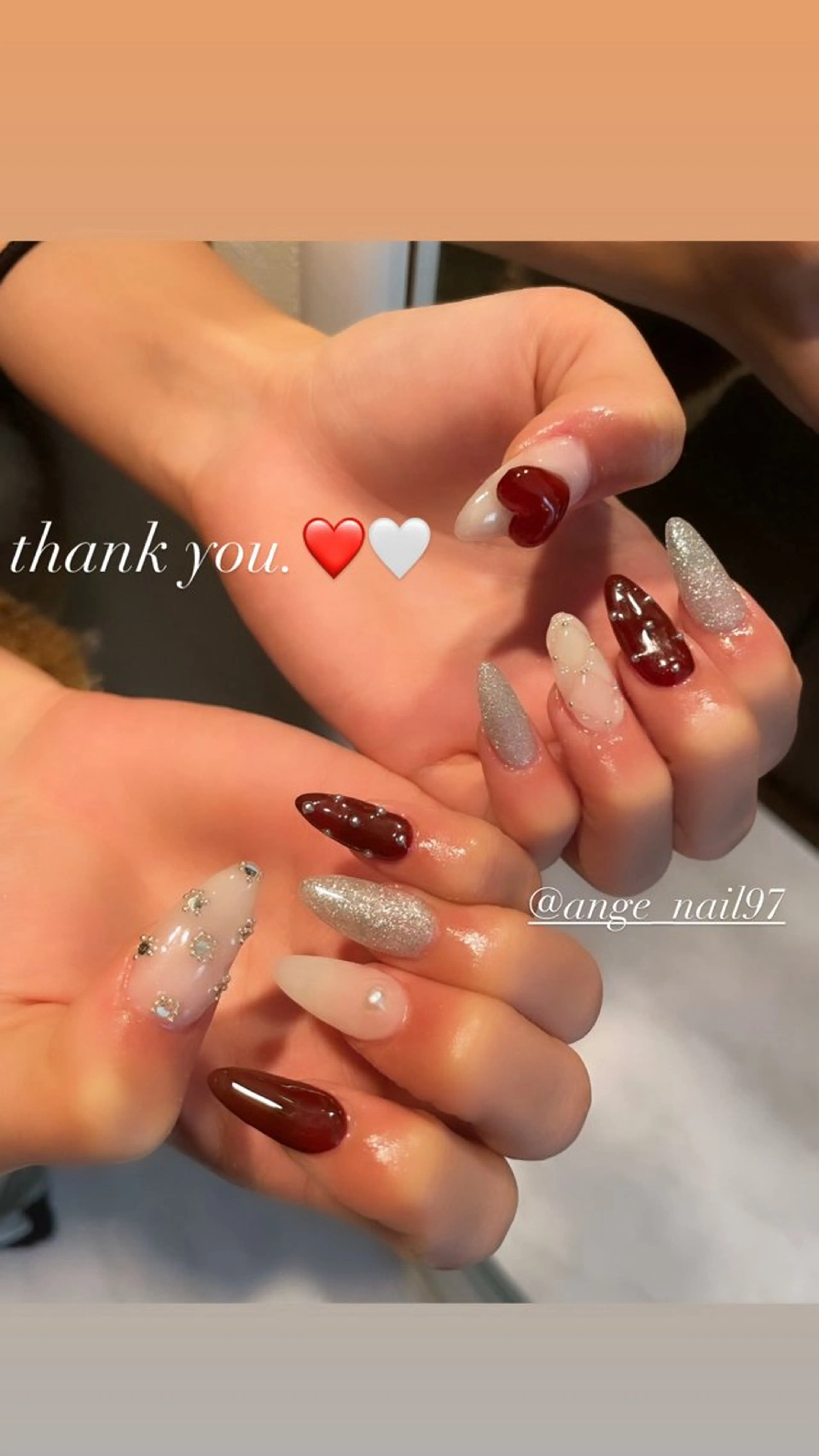 ネイル ボルドー フレンチネイル ガーリー ハート キラキラネイル ハンドネイル Nail salon 🎀Angeのネイルデザイン