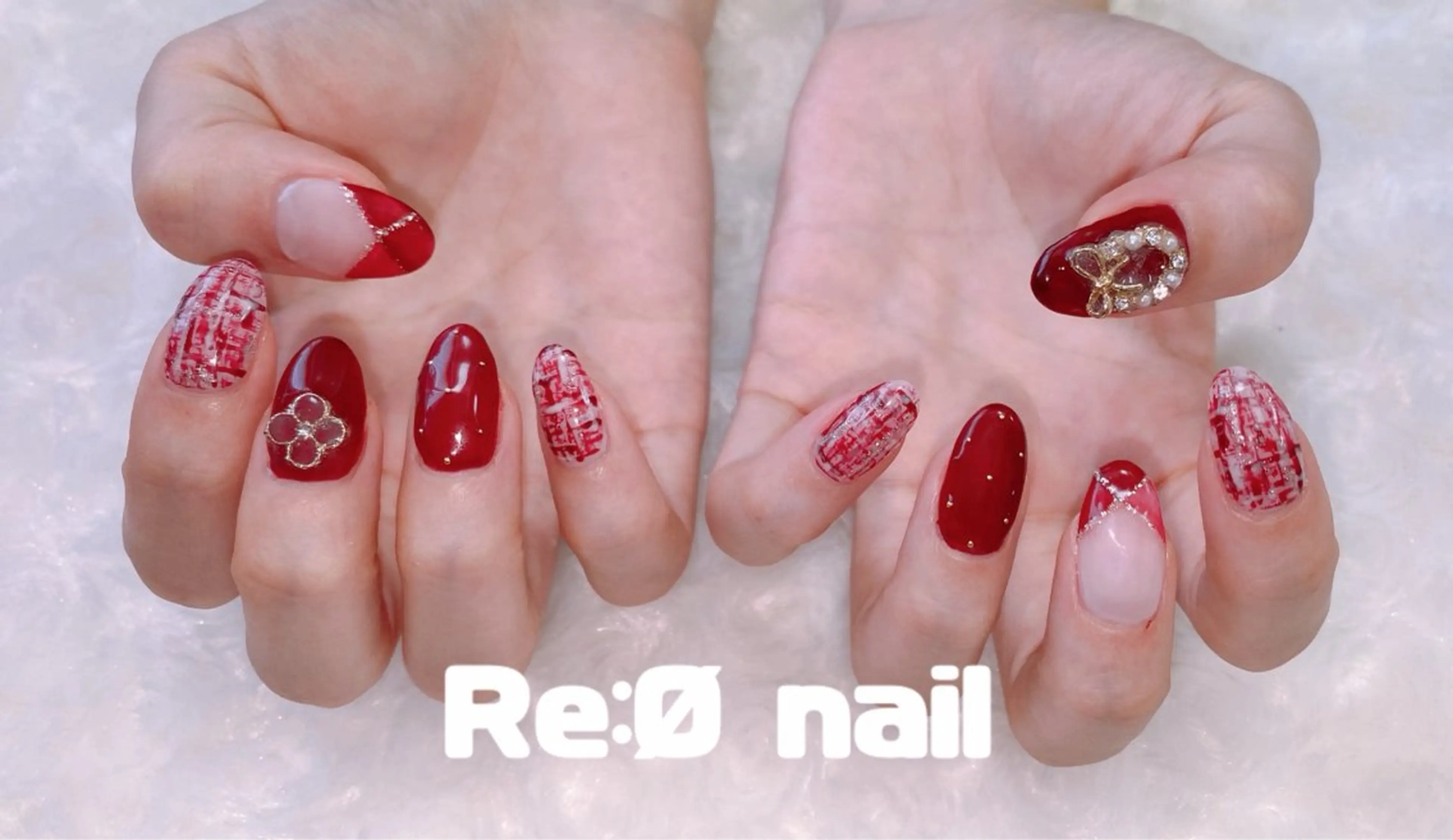 ネイル 赤色 ツイードネイル ハンドネイル Re:Ø nail 🩵TSUJIのネイルデザイン