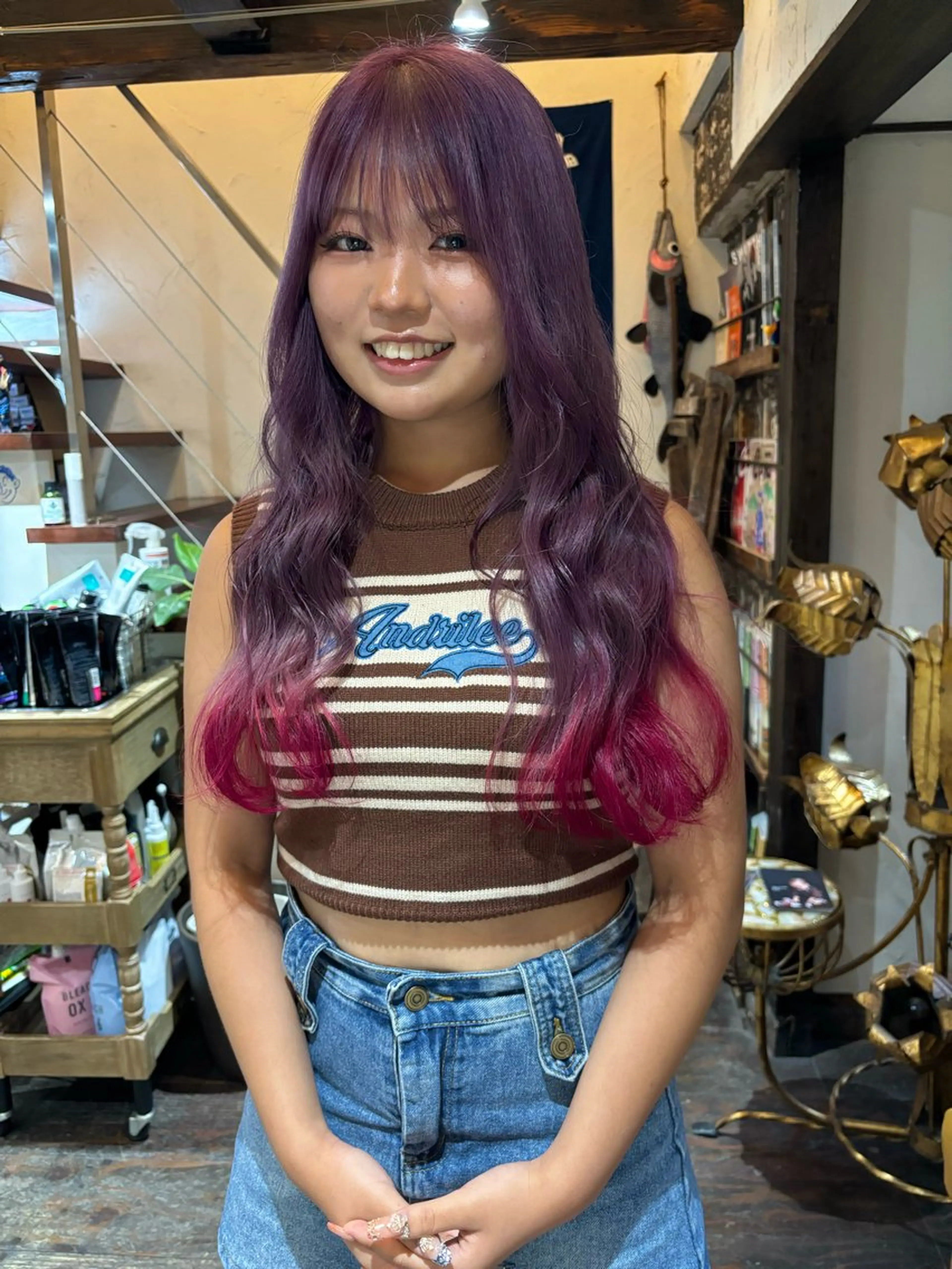 ロング カラー デザインカラー ピンクカラー パープルカラー カット ヘアカラー 大石 朱純のヘアスタイル