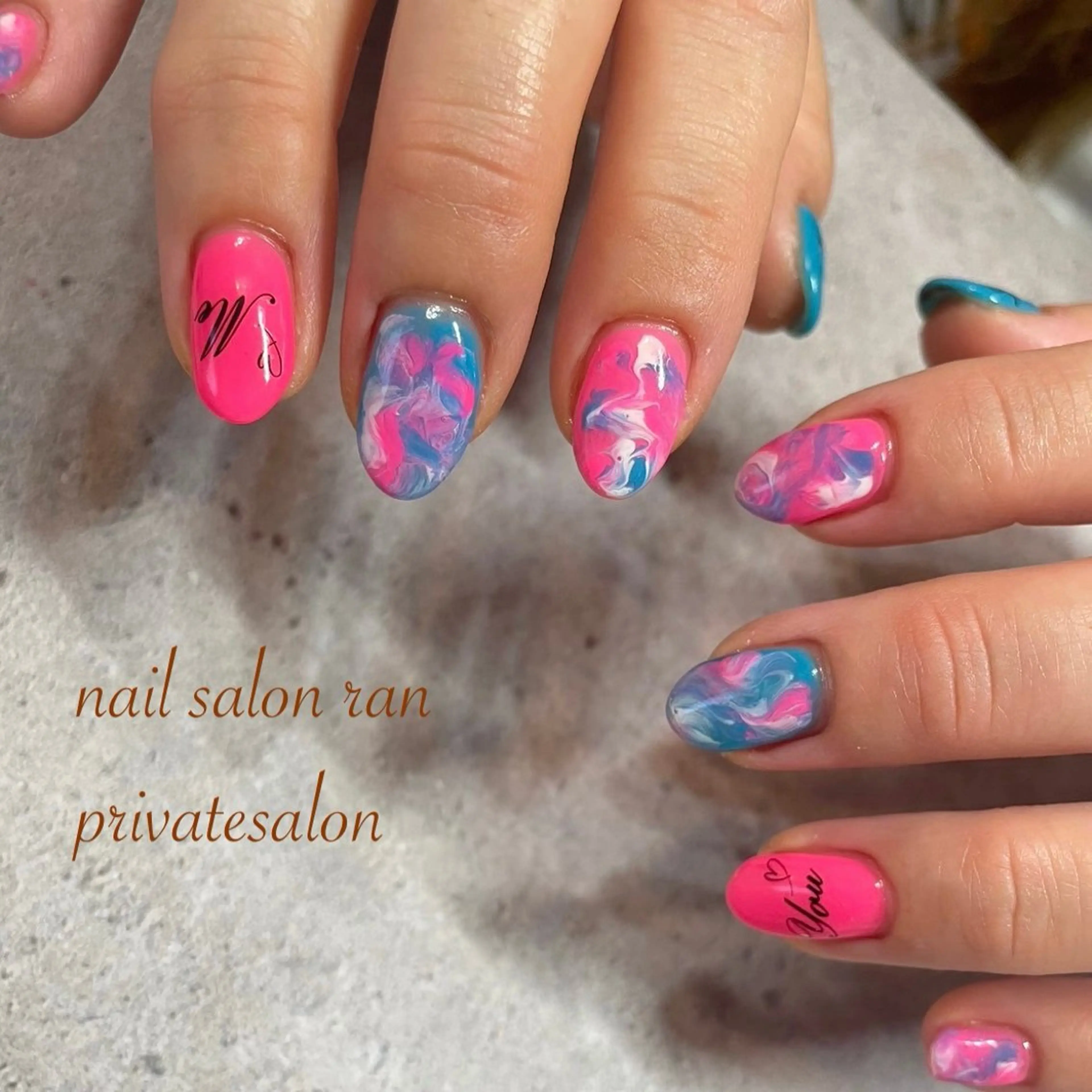 ネイル ブルー 大理石ネイル(マーブル) ピンク ハンドネイル ハンドケア nailsalon ranのネイルデザイン