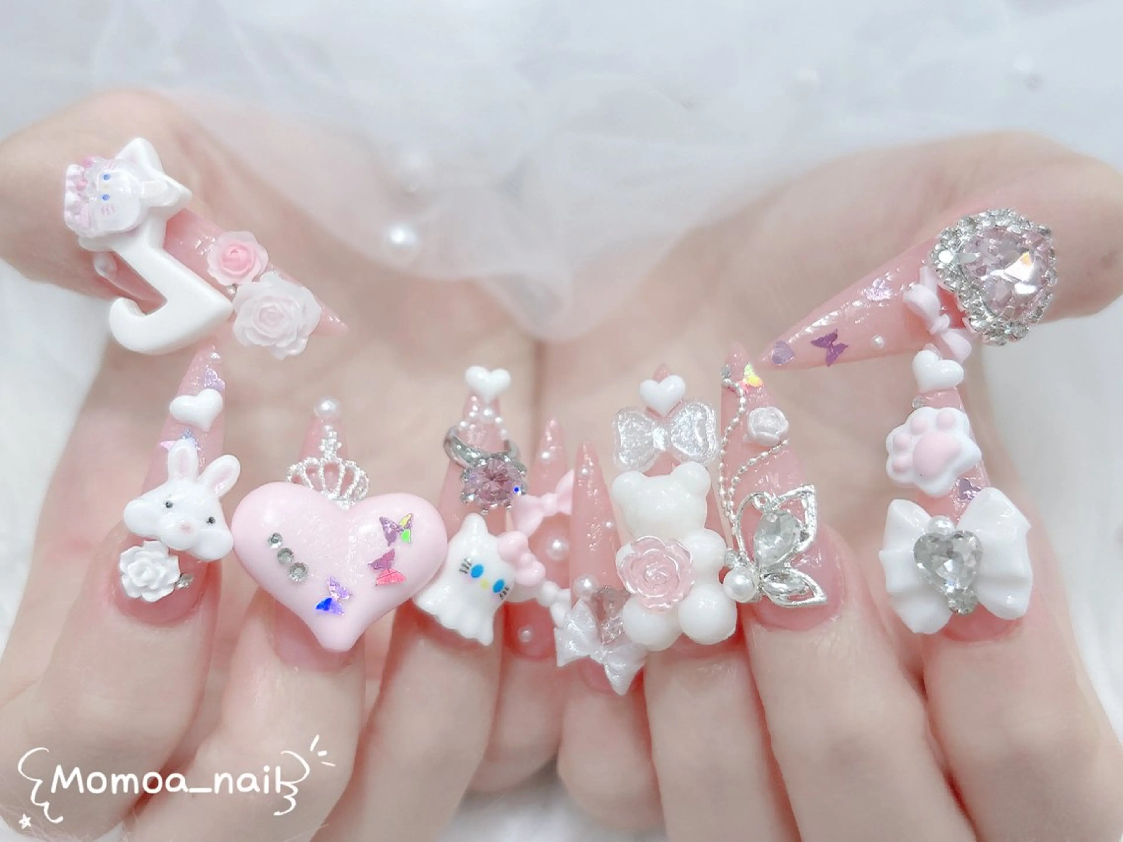 ネイル 成人式 ロングネイル マグネットネイル 大理石ネイル(マーブル) 持ち込み ハンドネイル MoMoA Nail ネイル長さ出し専門店のネイルデザイン