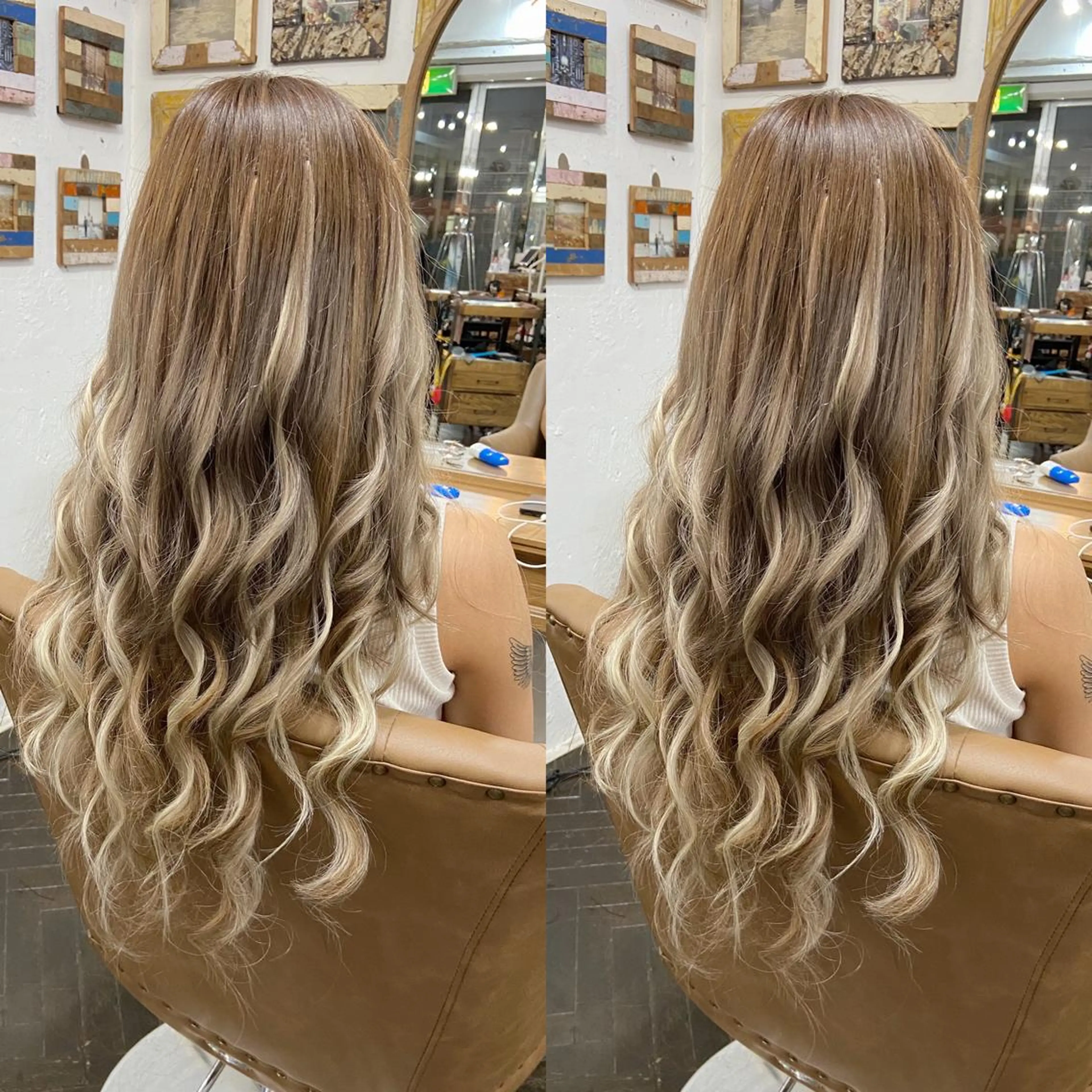 ロング カラー バレイヤージュ ブリーチ ブロンド ダブルカラー イヤリングカラー モモカ/ハイトーン /バレイヤージュのヘアスタイル