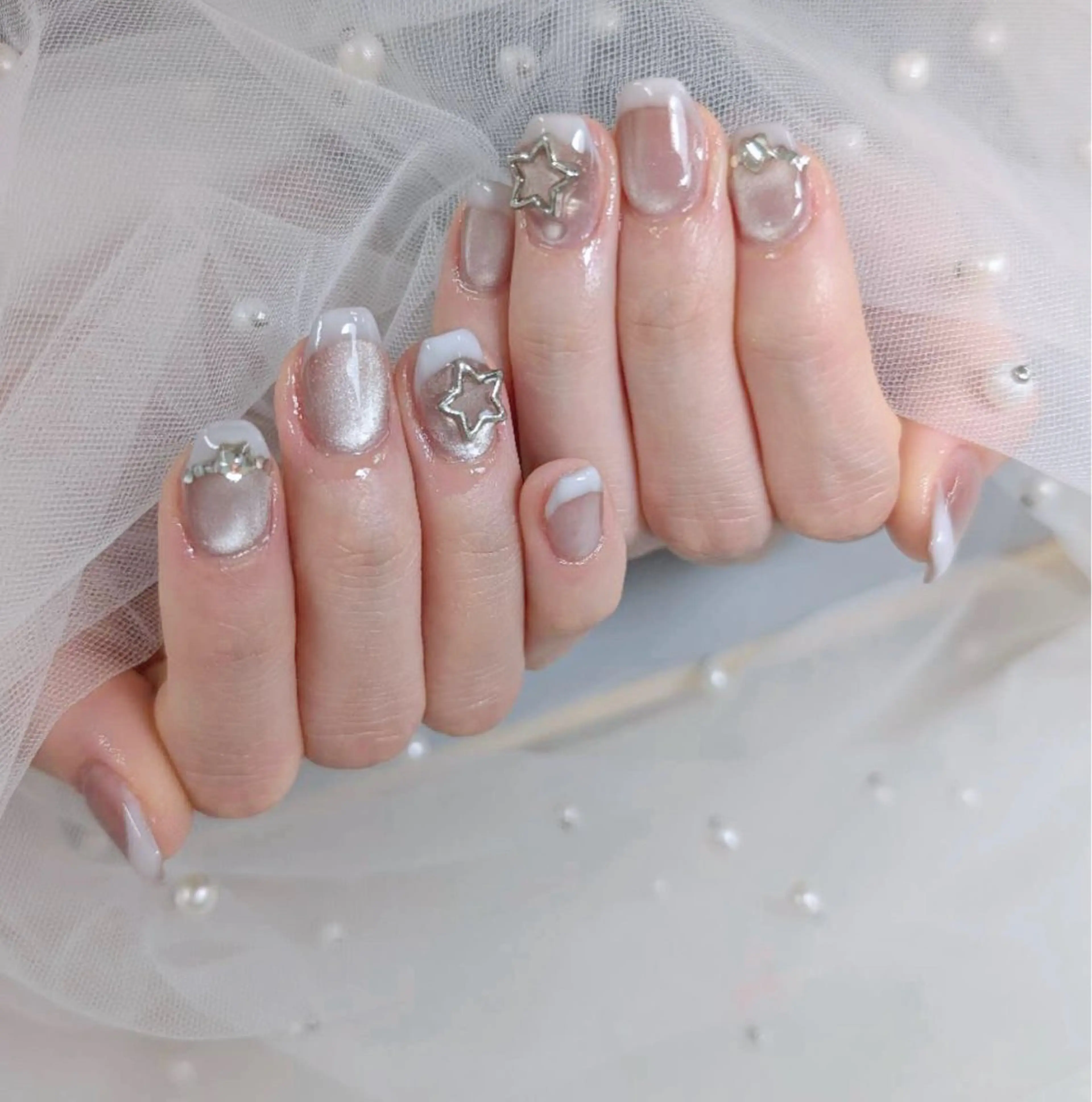 ネイル アートネイル フットネイル フレンチネイル ジェルネイル ガラスフレンチ ハンドネイル ╹◡╹Mimoミモ Eye&Nailのマツエク・マツパデザイン