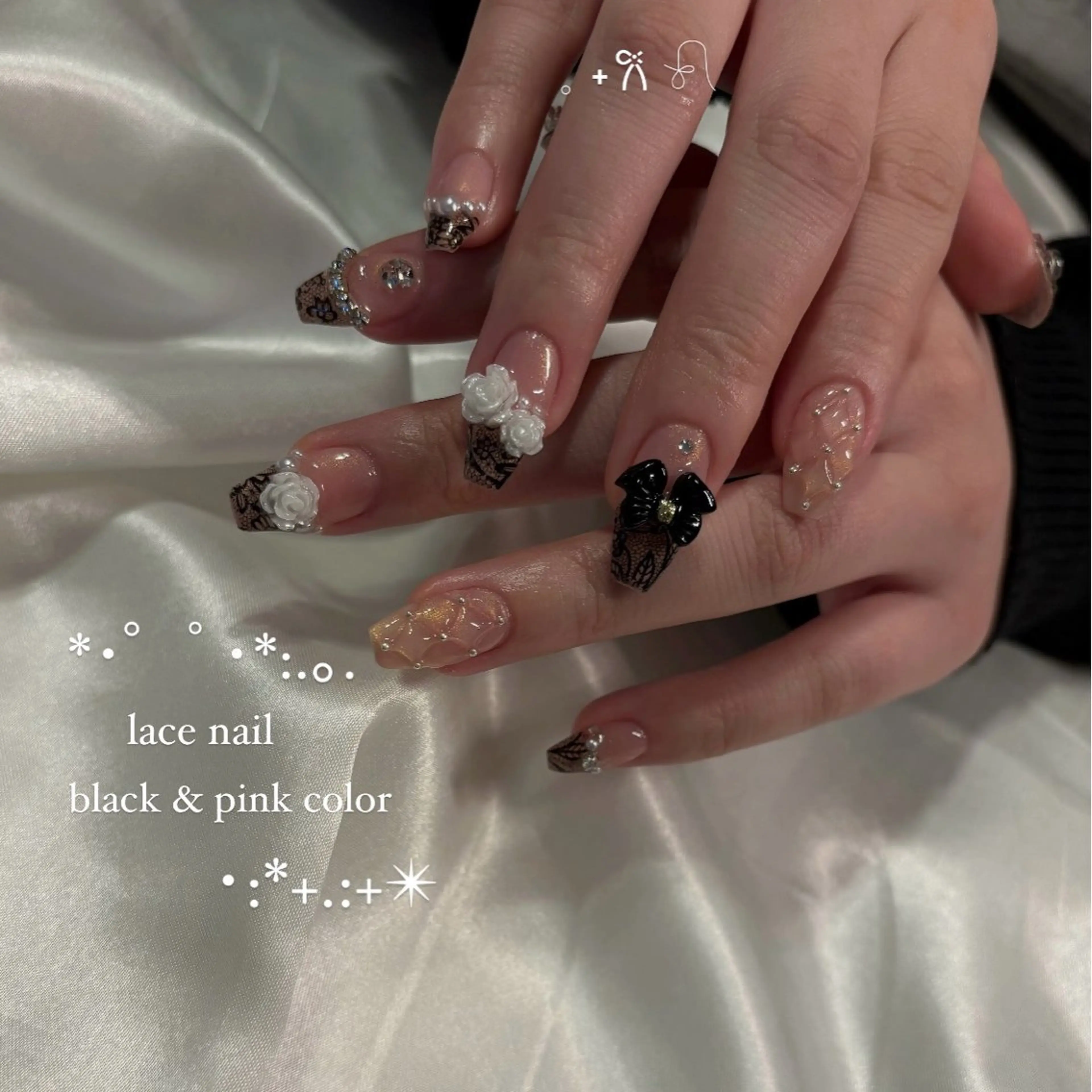 ネイル アートネイル フレンチネイル ガーリー 韓国ネイル レース Chat　noir所属・【chatnoir】 MIYUのネイルデザイン