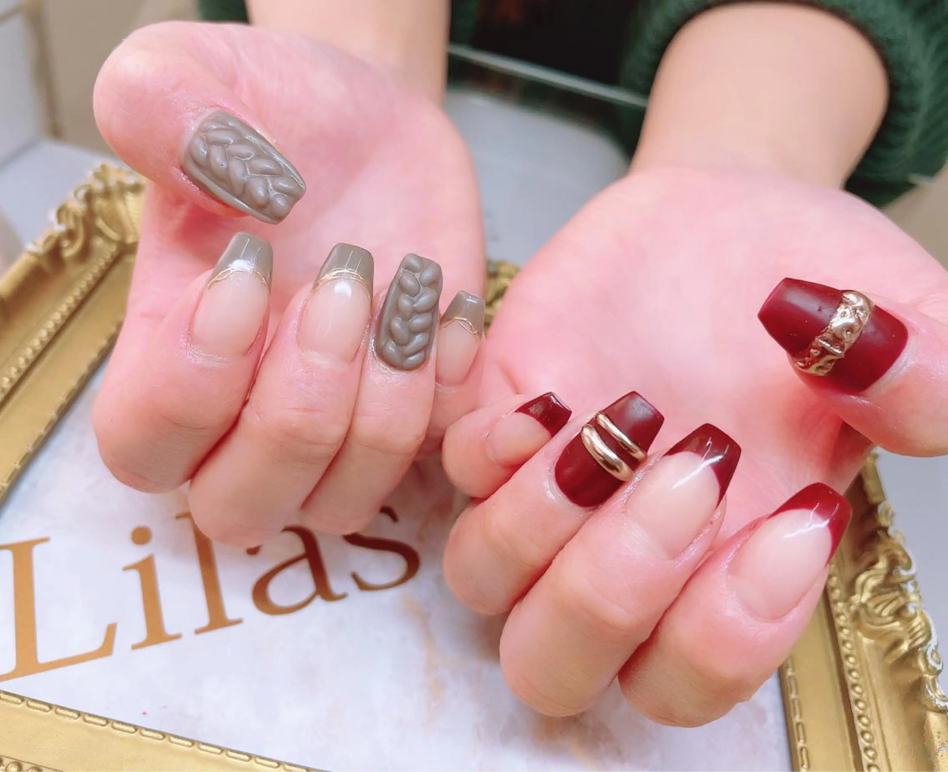 ネイル ボルドー フレンチネイル ジェルネイル ゴールド ハードジェル Lilas Nailのネイルデザイン