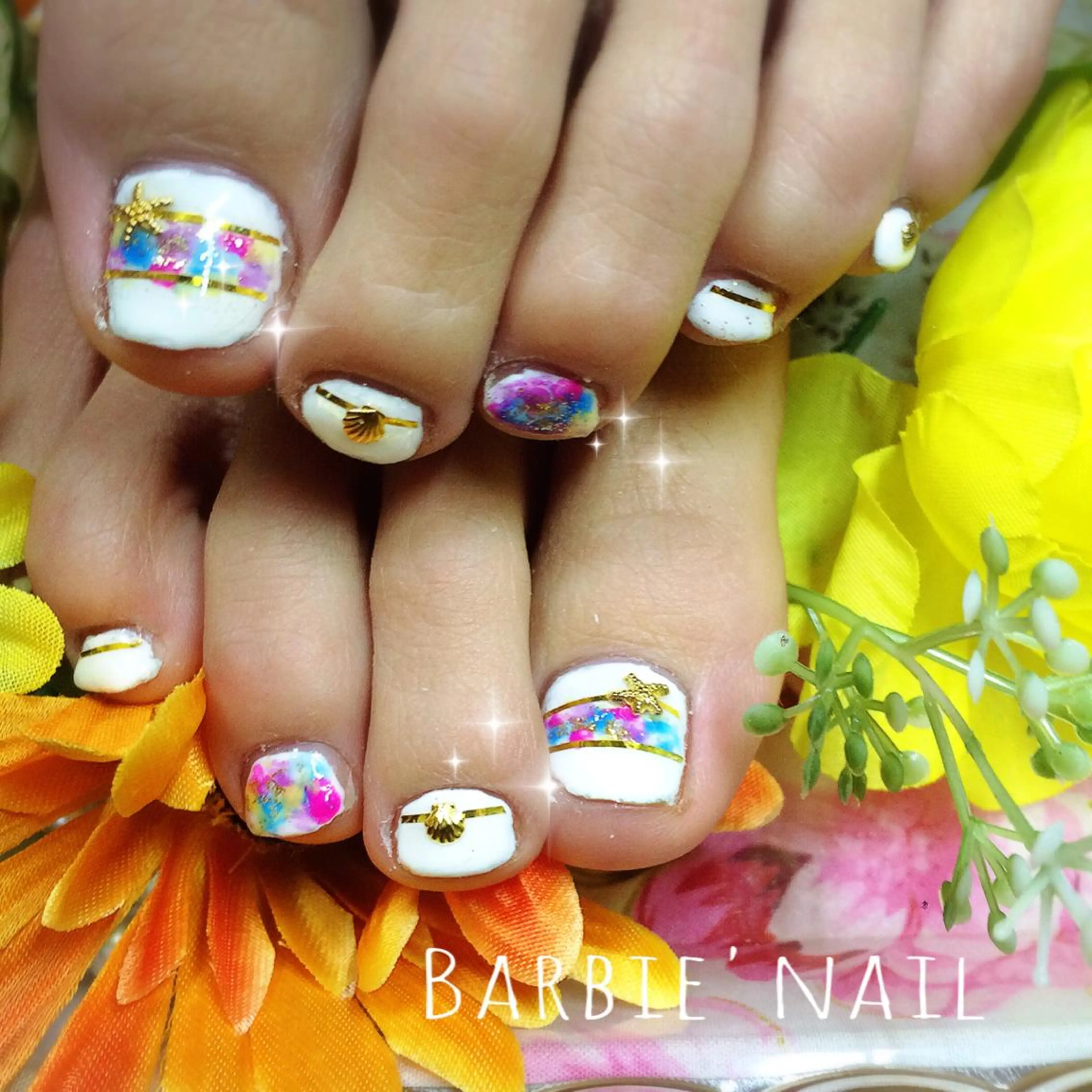 ネイル ブルー フットネイル オレンジ ピンク パープル 27salon yuinaのネイルデザイン