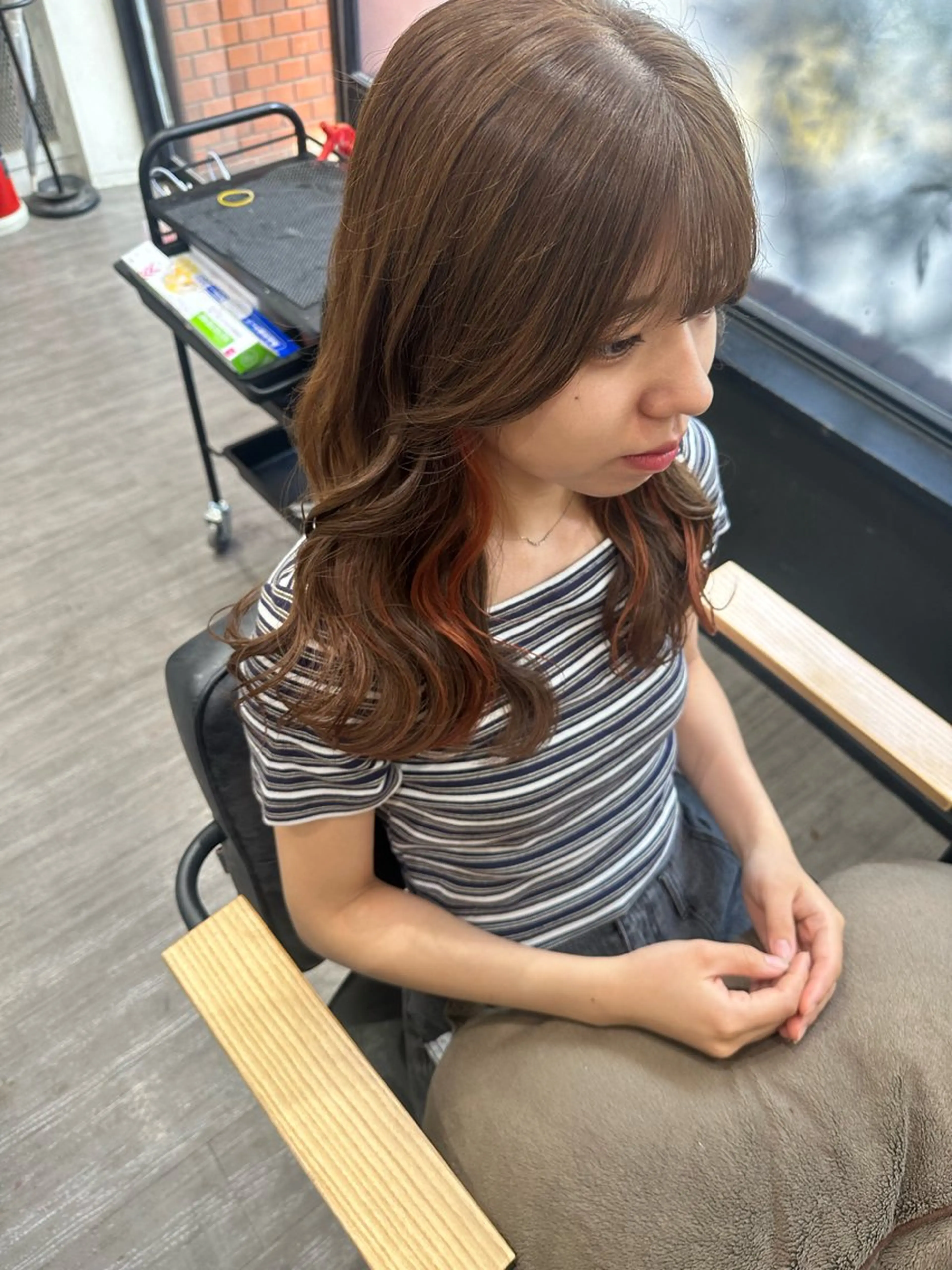 セミロング カラー オレンジ ヘアカラー トリートメント 艶髪レイヤー上田 紗也🇰🇷💗のヘアスタイル