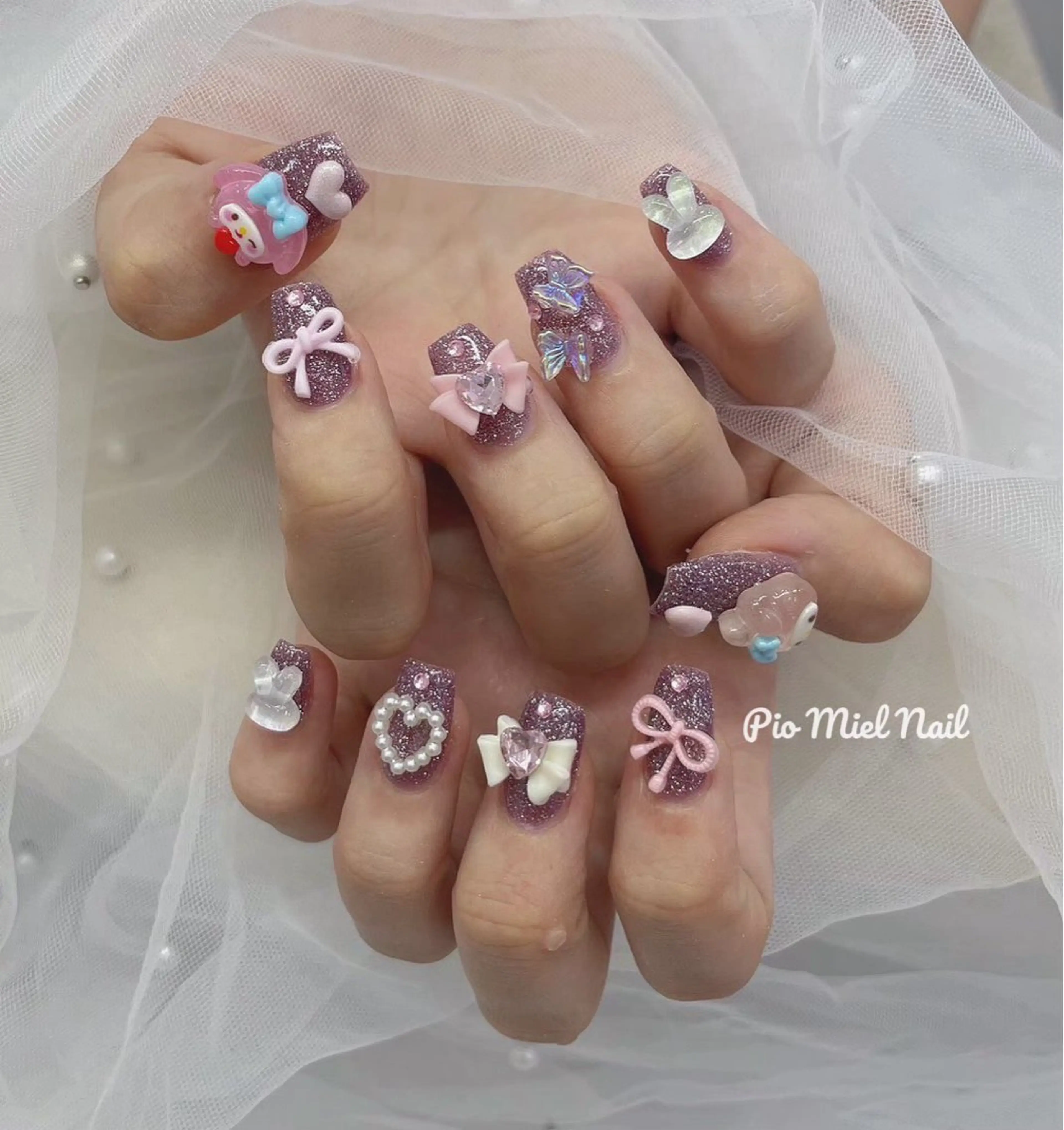 ネイル ガーリー ハート キラキラネイル ラメ(グリッター) パープル ハンドネイル HANA 長さだしのネイルデザイン