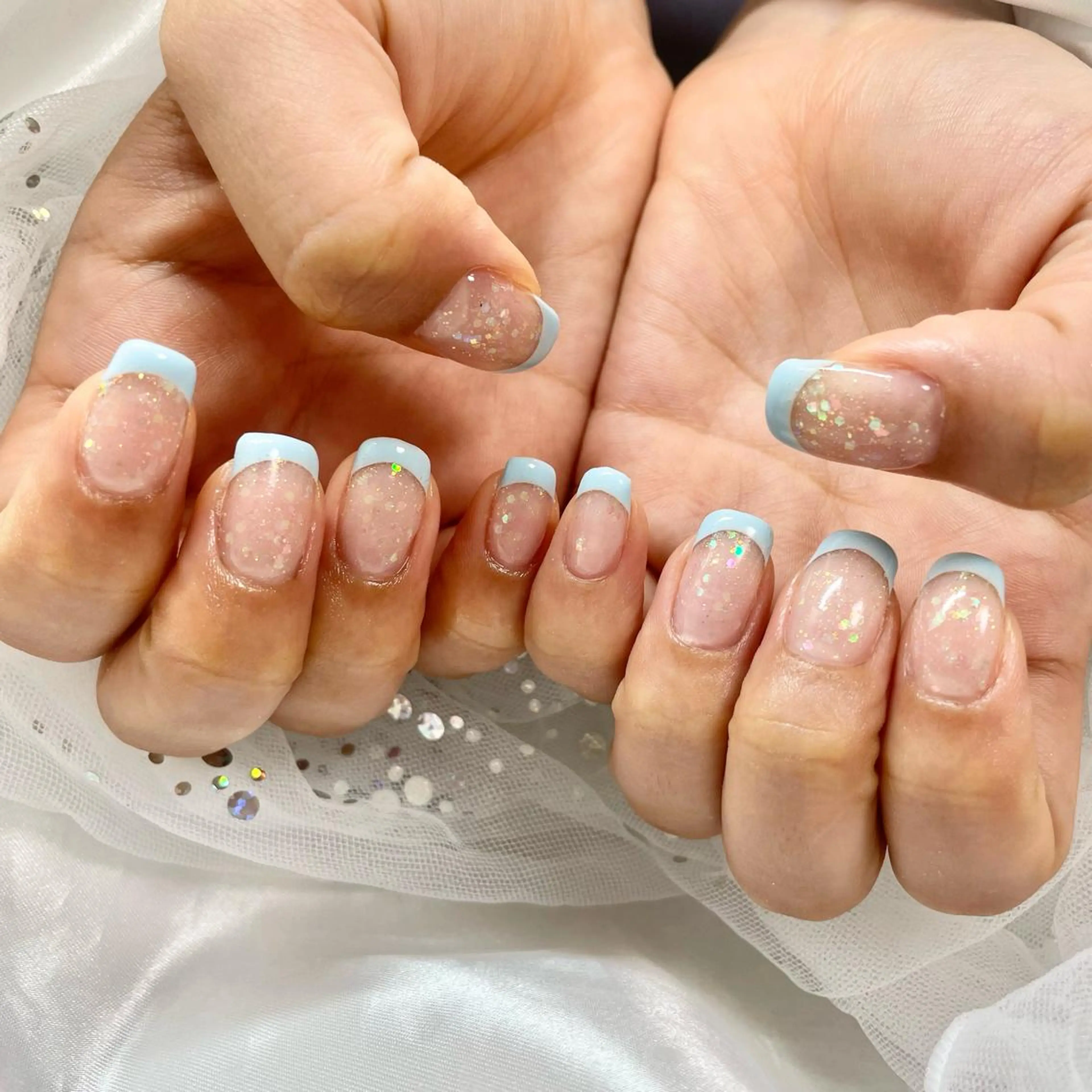 ネイル フレンチネイル キラキラネイル 水色 🎀AYAKO 🎀中韓ネイルのネイルデザイン