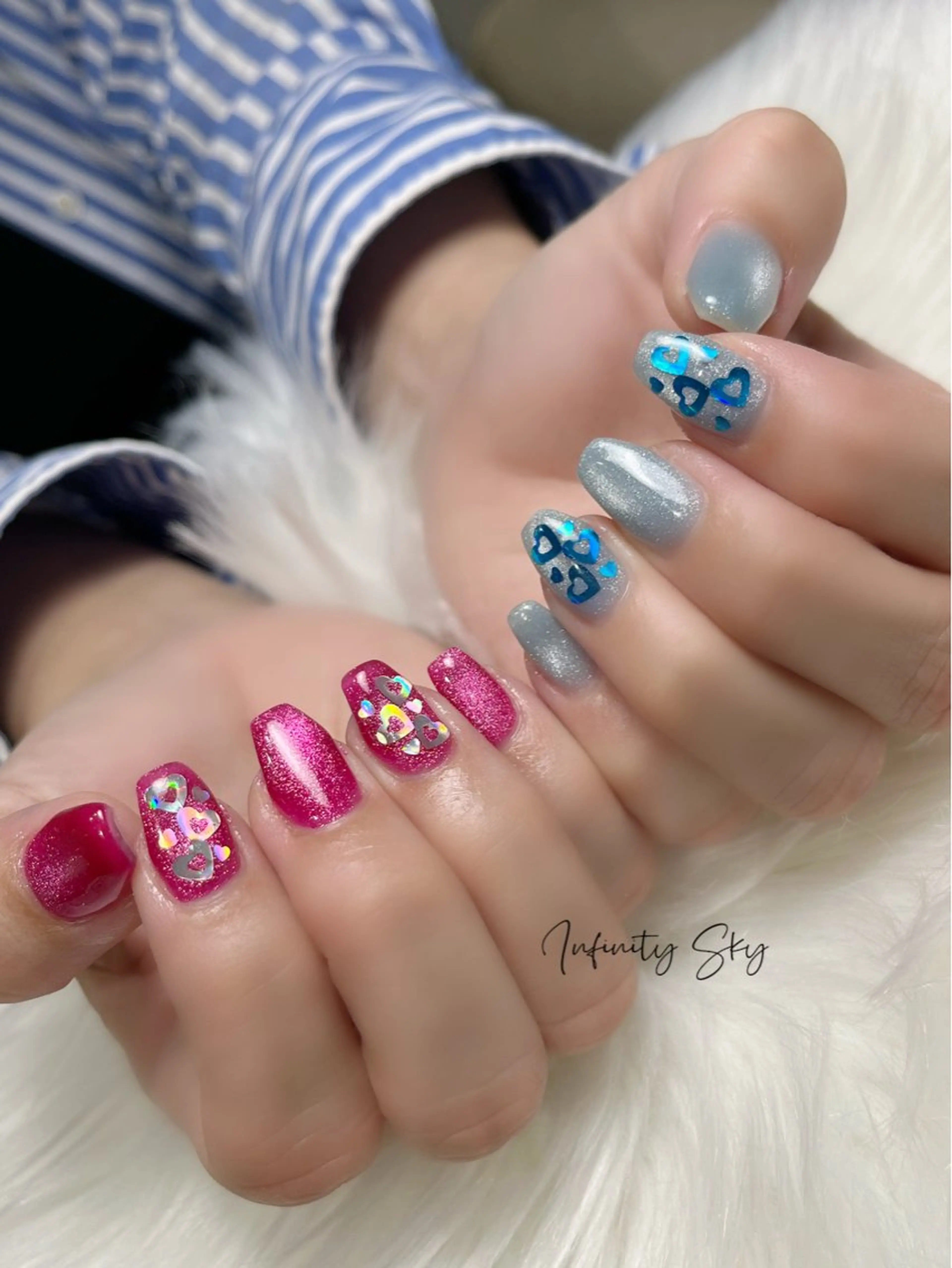 ネイル ブルー ハート ピンク infinity skyのネイルデザイン