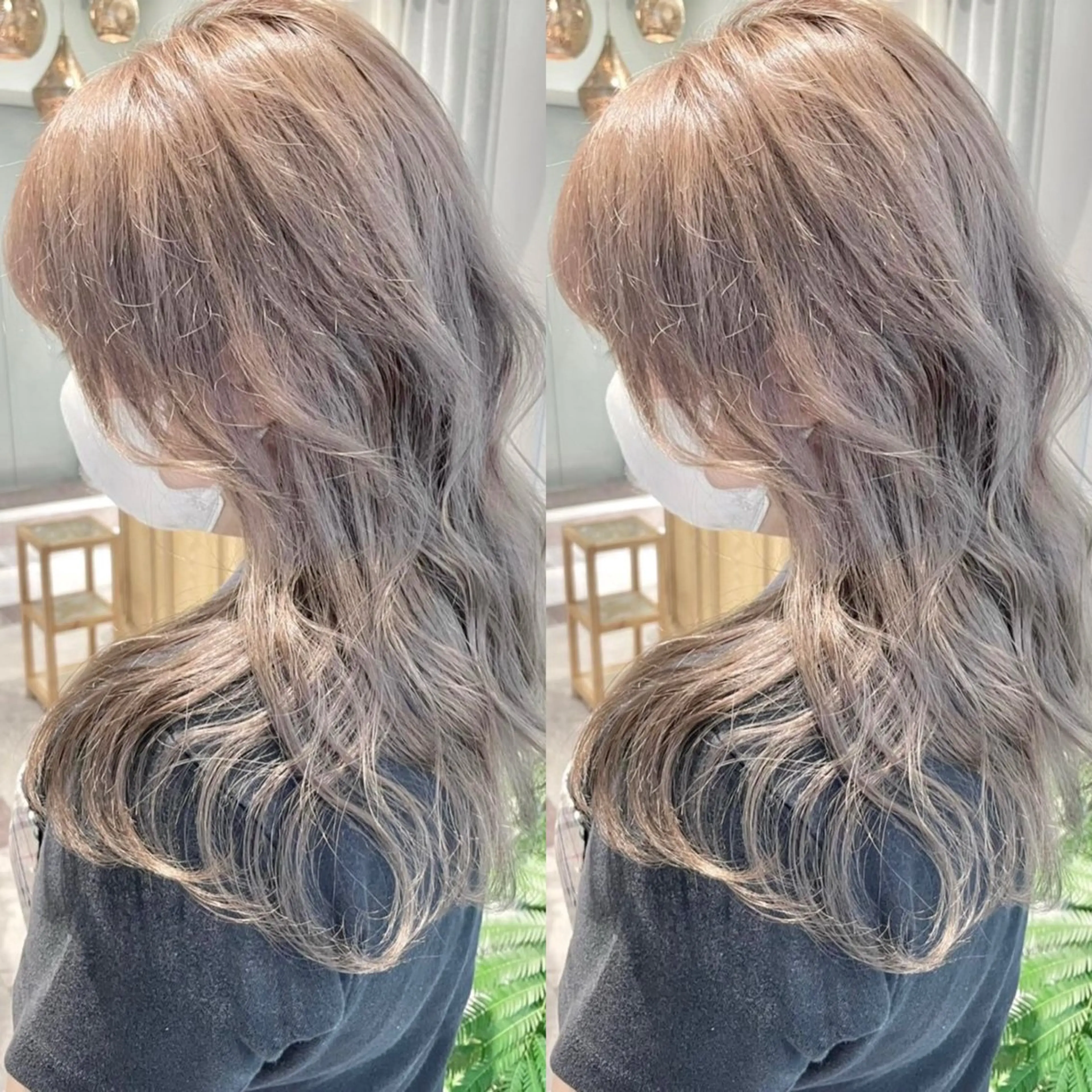 ロング ボブ ハイライト 髪質改善 ヘアカラー トリートメント 栄ハイトーン/ ベージュカラー中園薪のヘアスタイル