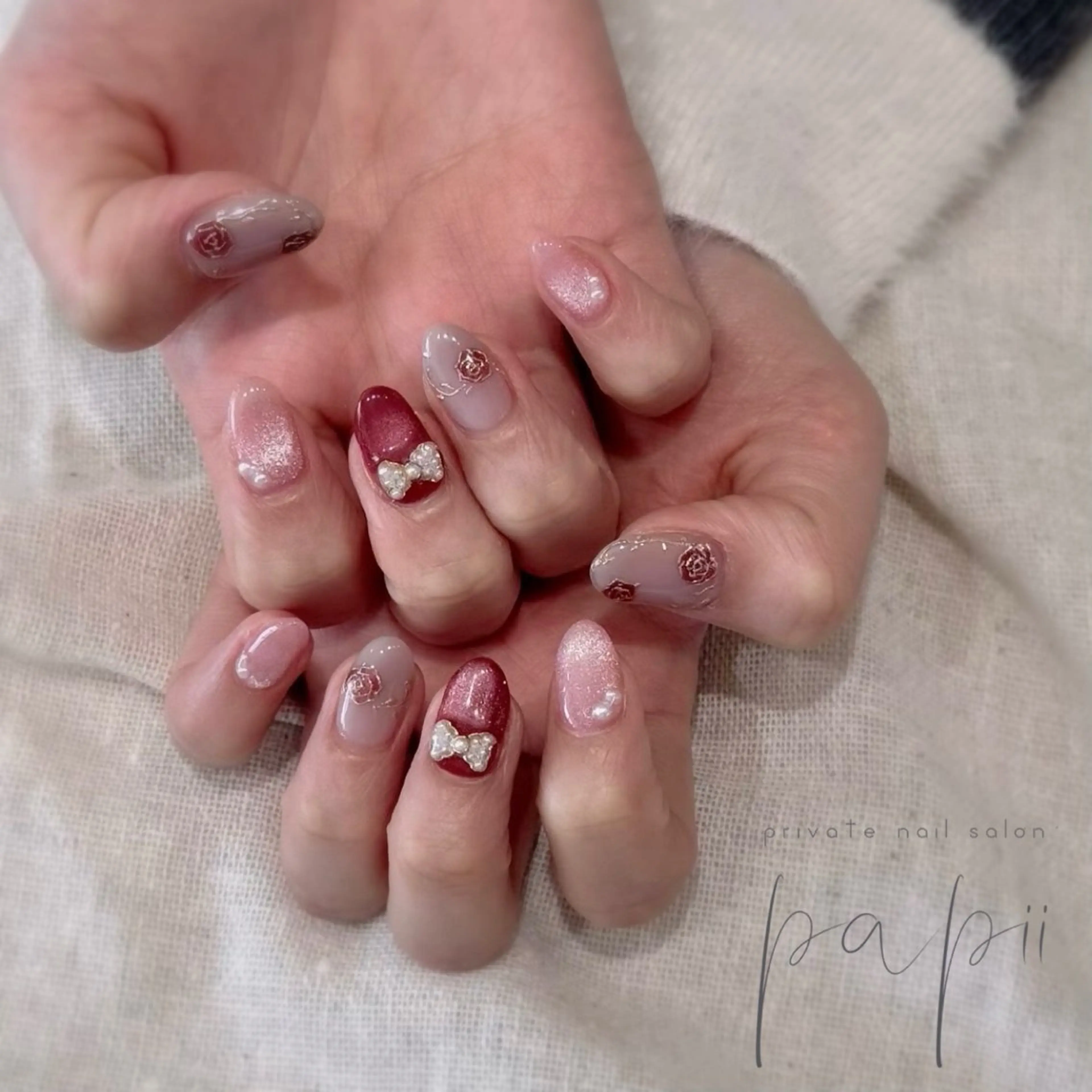 ネイル アートネイル マグネットネイル リボン ハンドネイル private nail salon papii所属・papii☆ kurodaのネイルデザイン